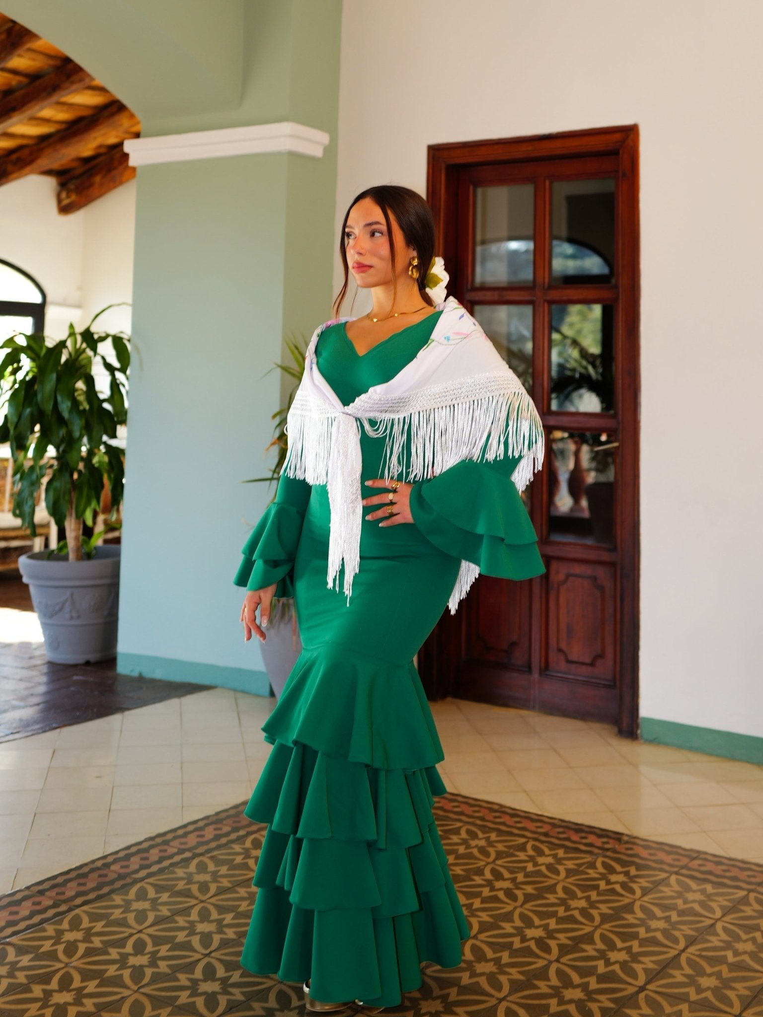 Green ruffled flamenco dress