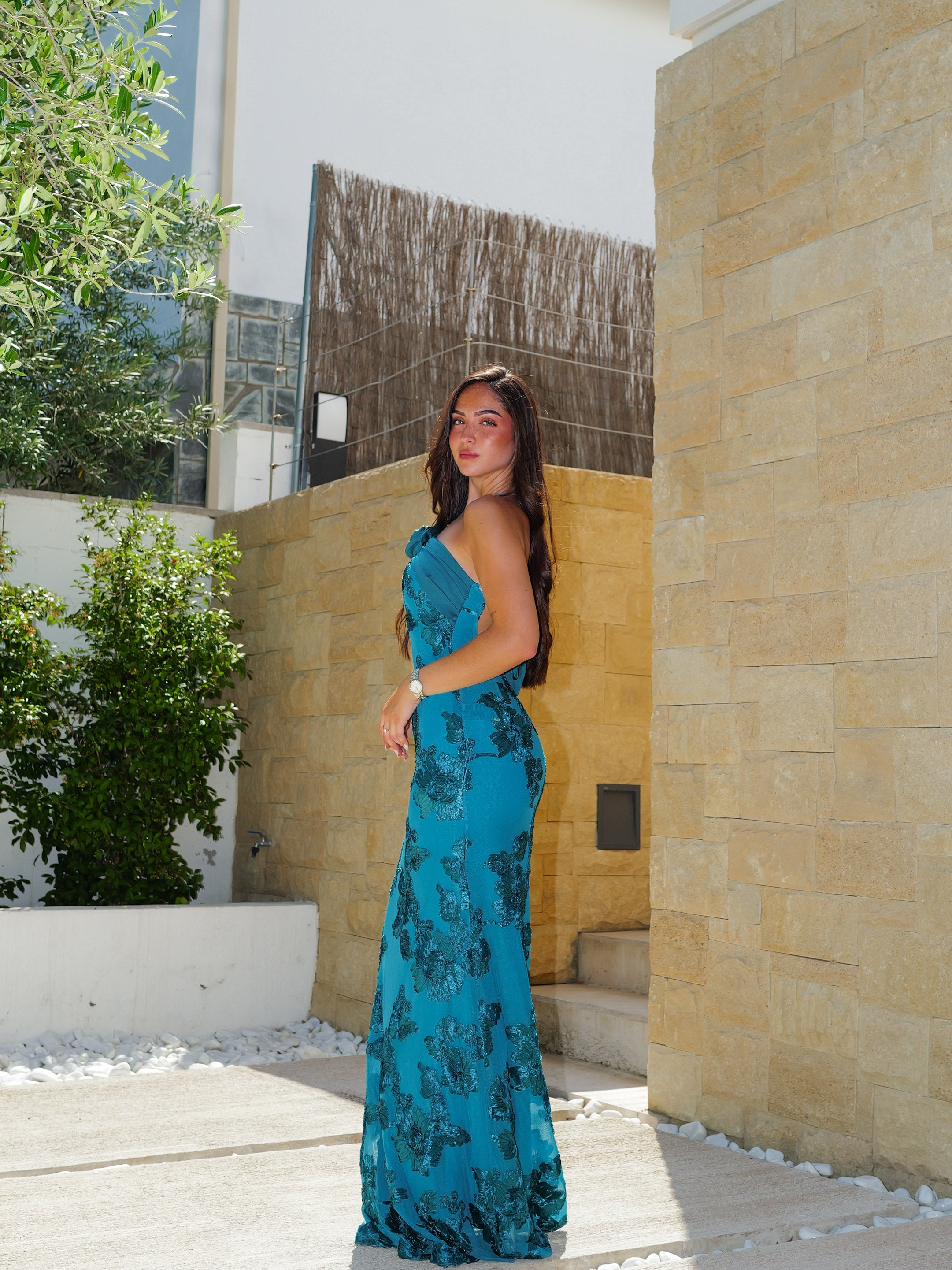 Vestido palabra largo relieve flor petróleo