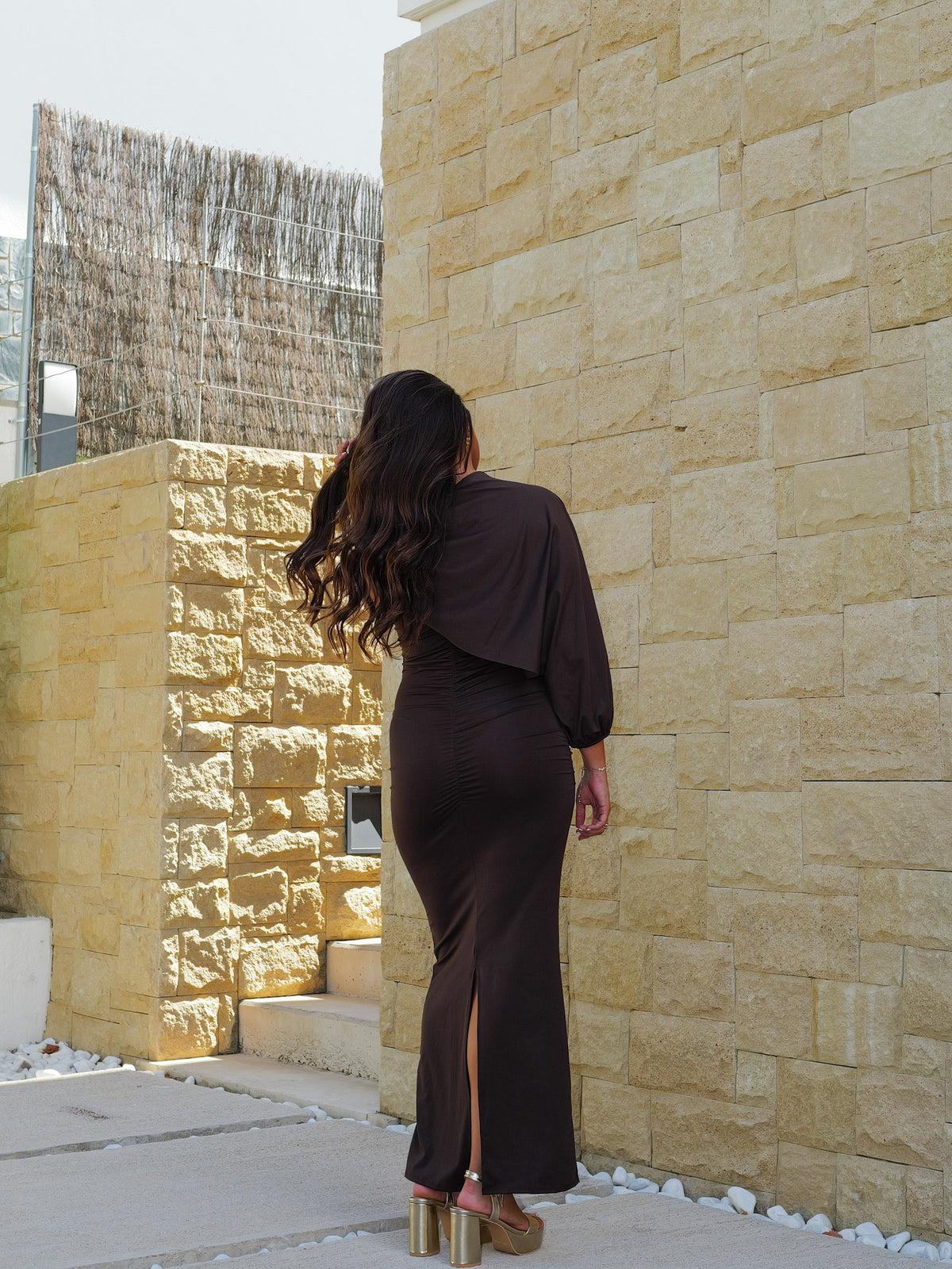 Vestido largo manga asim capa chocolate