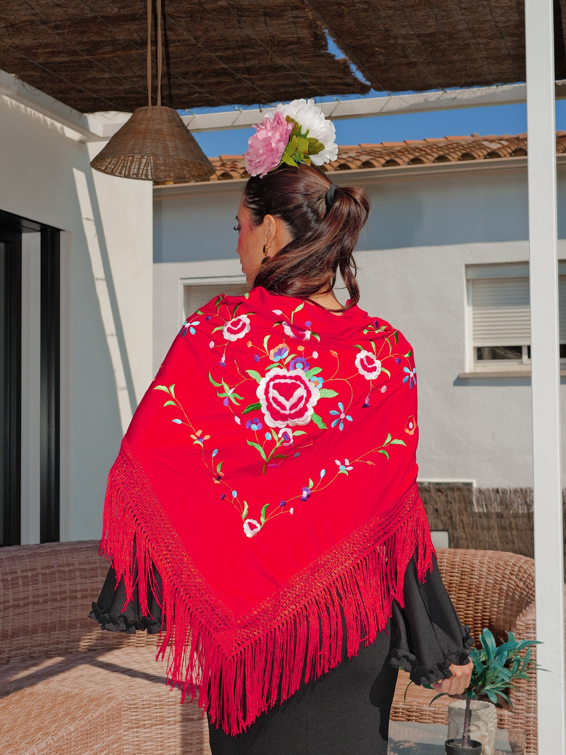 Red floral-embroidered flamenco shawl