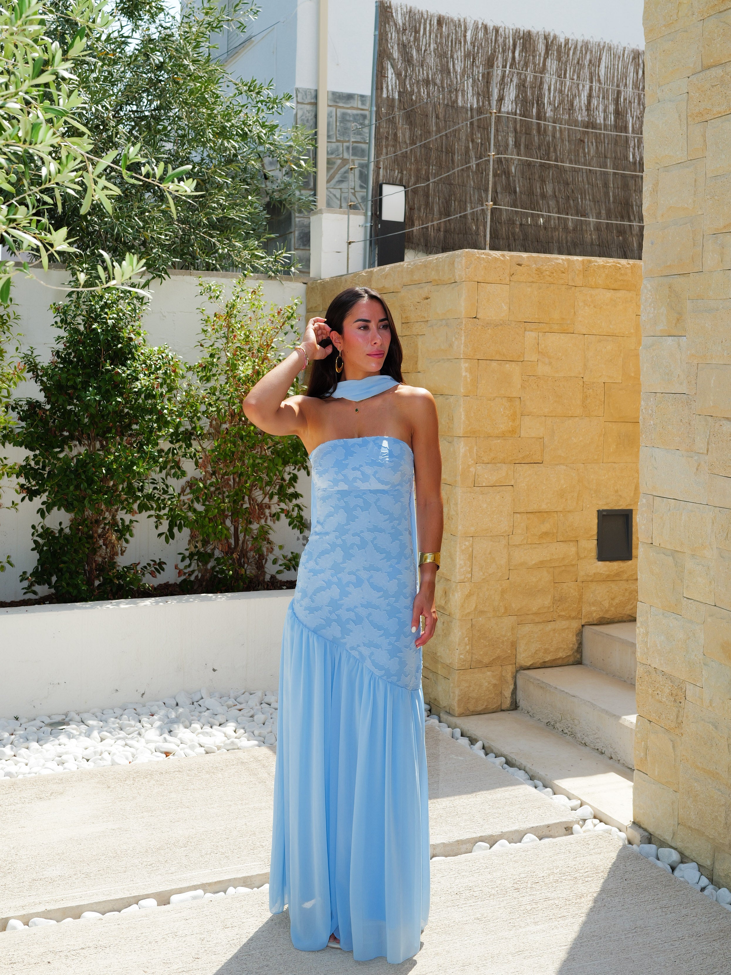 Vestido palabra asim textura celeste