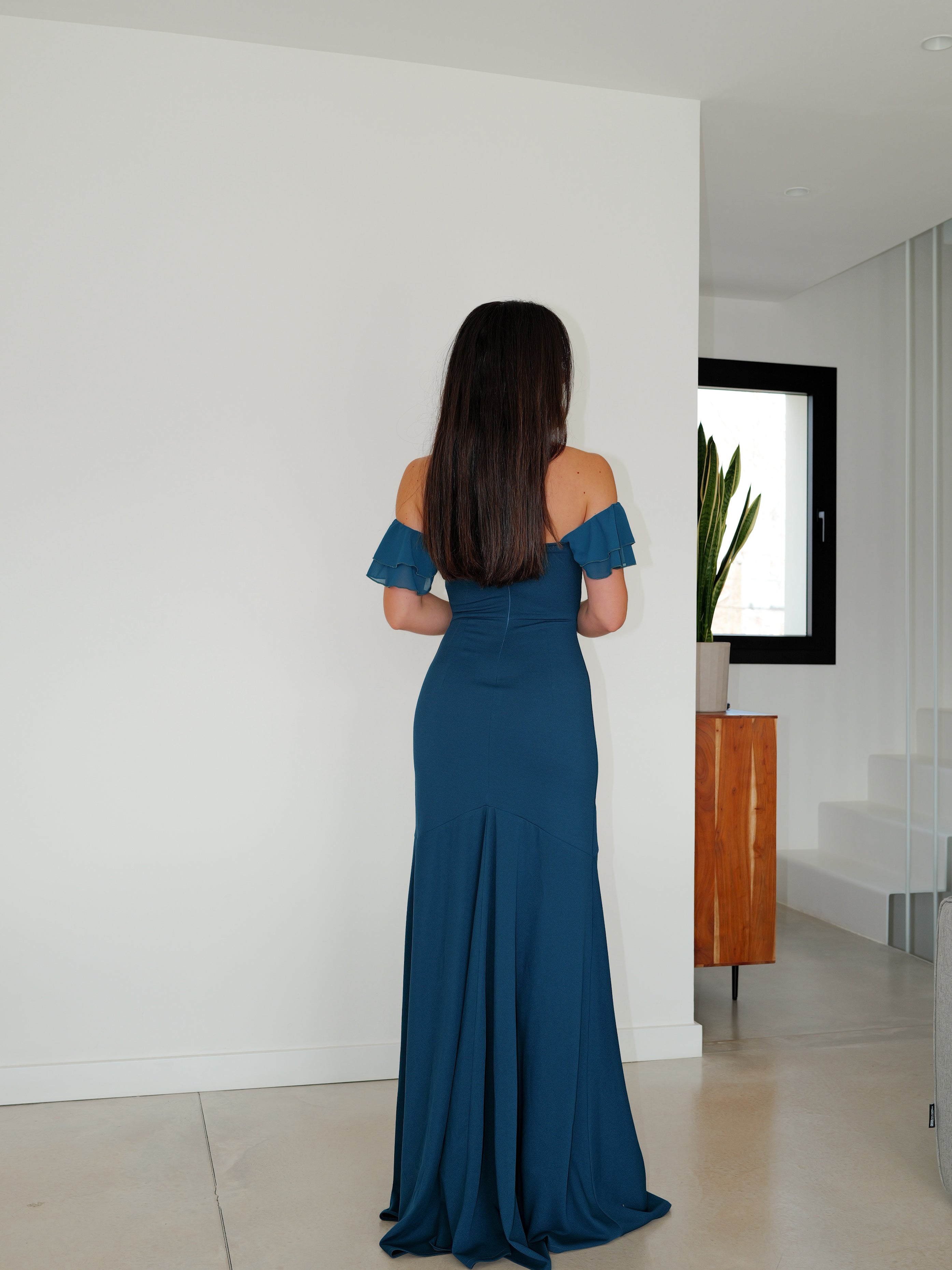 Vestido bardot tulle petróleo