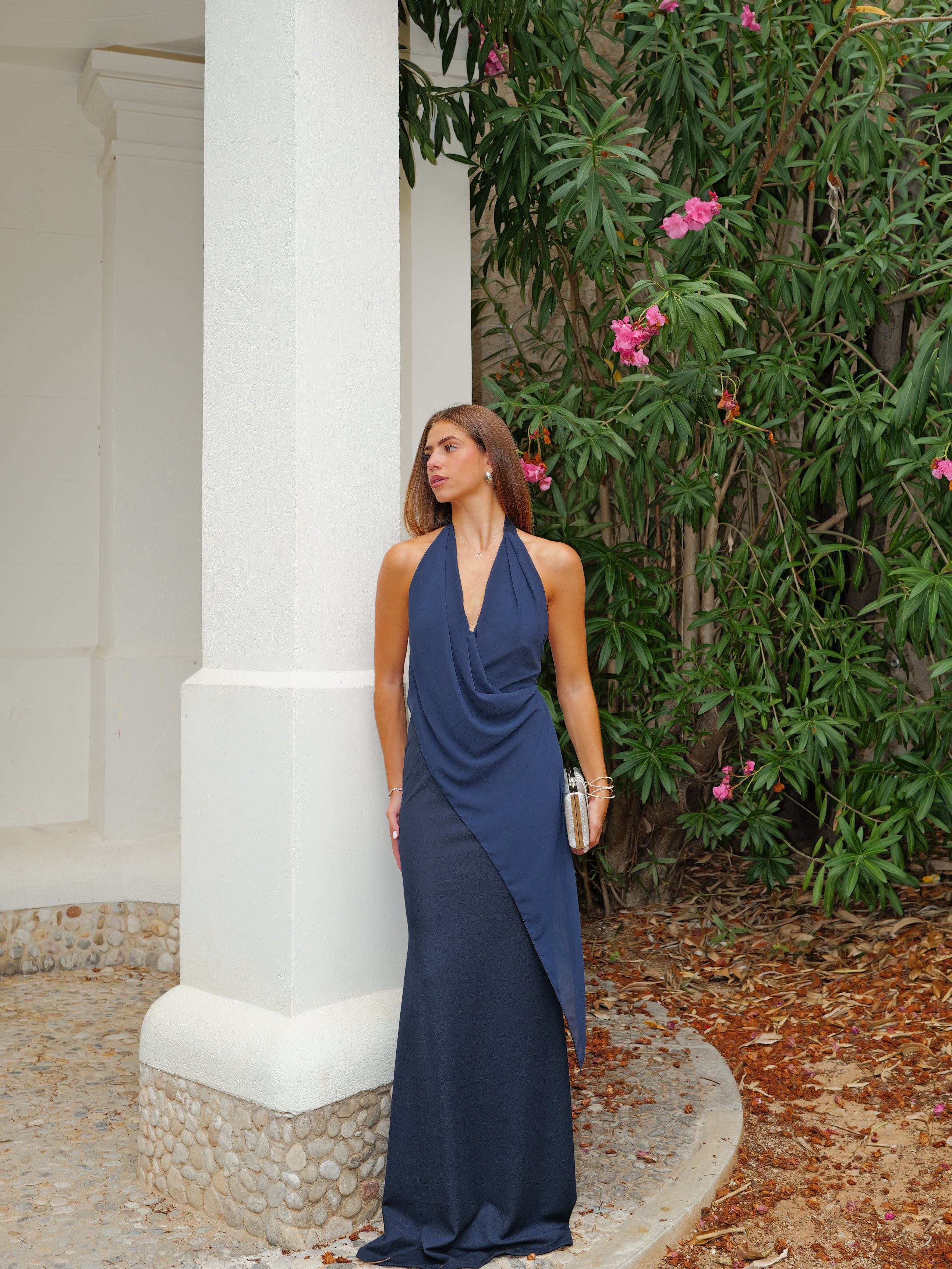 Navy Tulle Asymmetrical Cape Dress