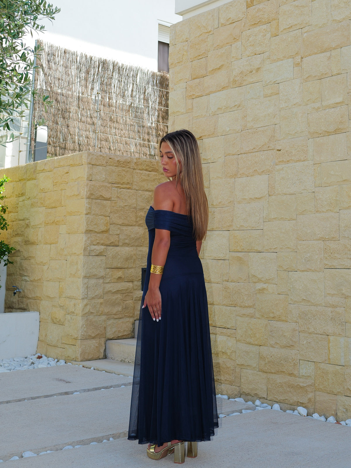 Navy Tulle Flared Midi Dress