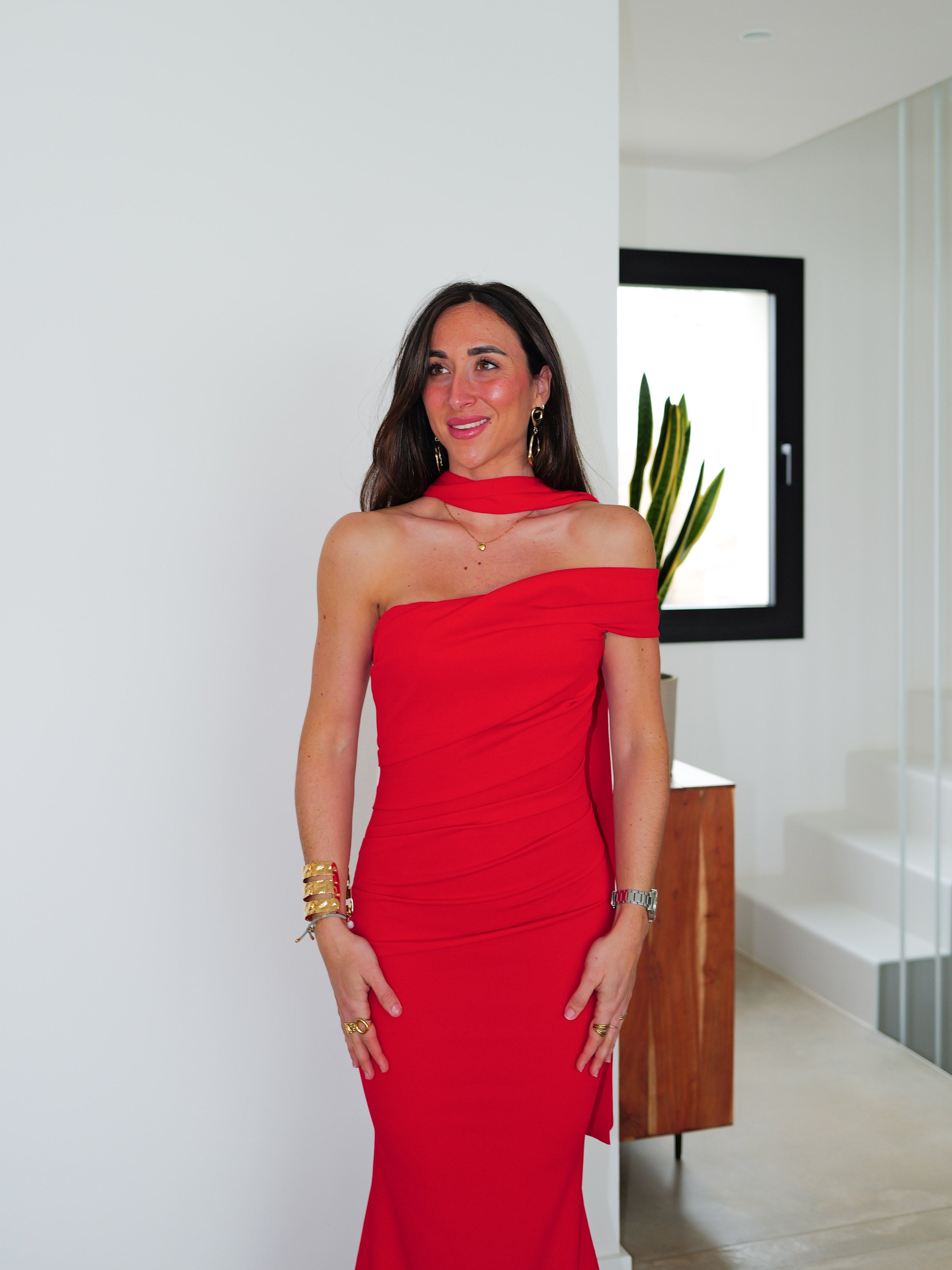 Abito asimmetrico a girocollo rosso