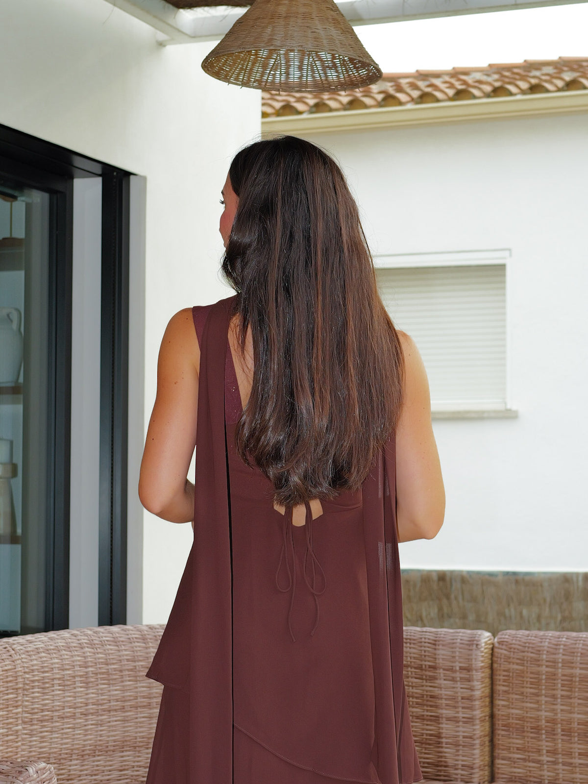 Vestido largo volantes escote lurex chocolate