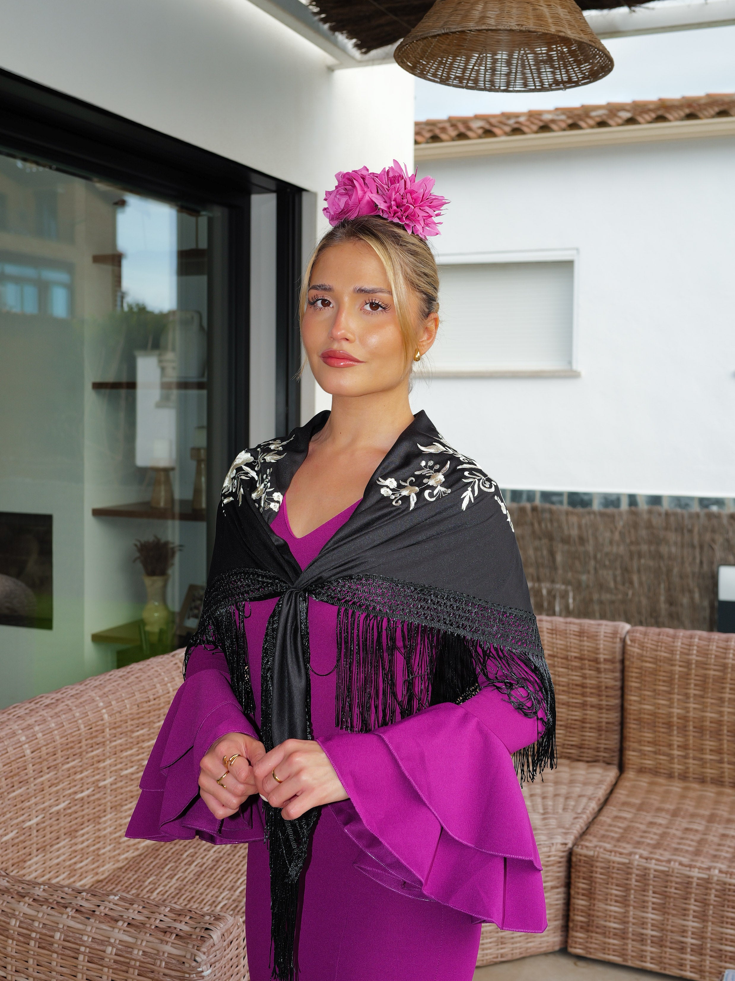 Black flamenco shawl embroidered with cream flowers