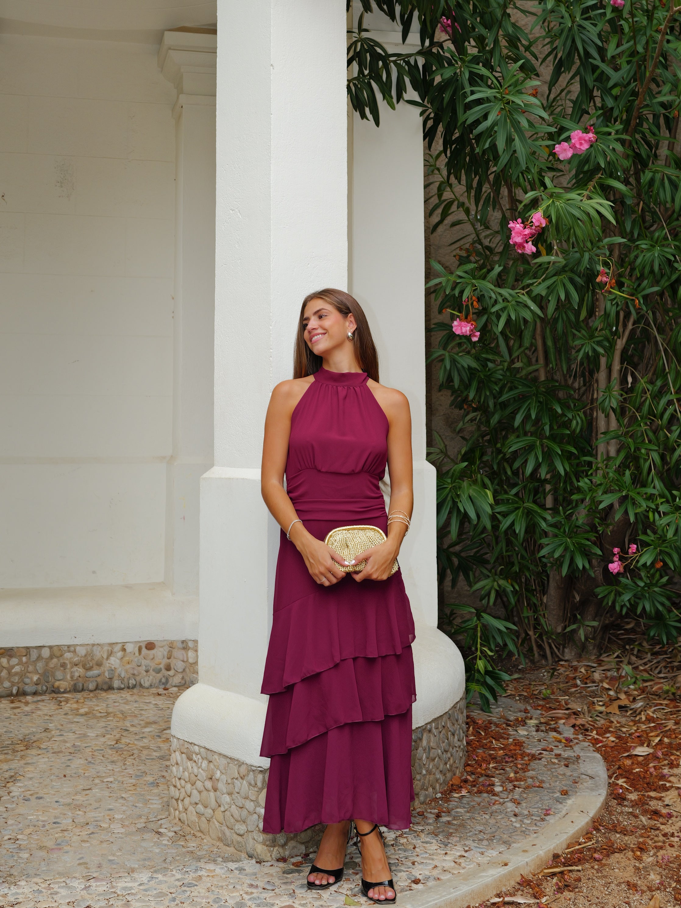 Vestido largo halter lazo liso vino