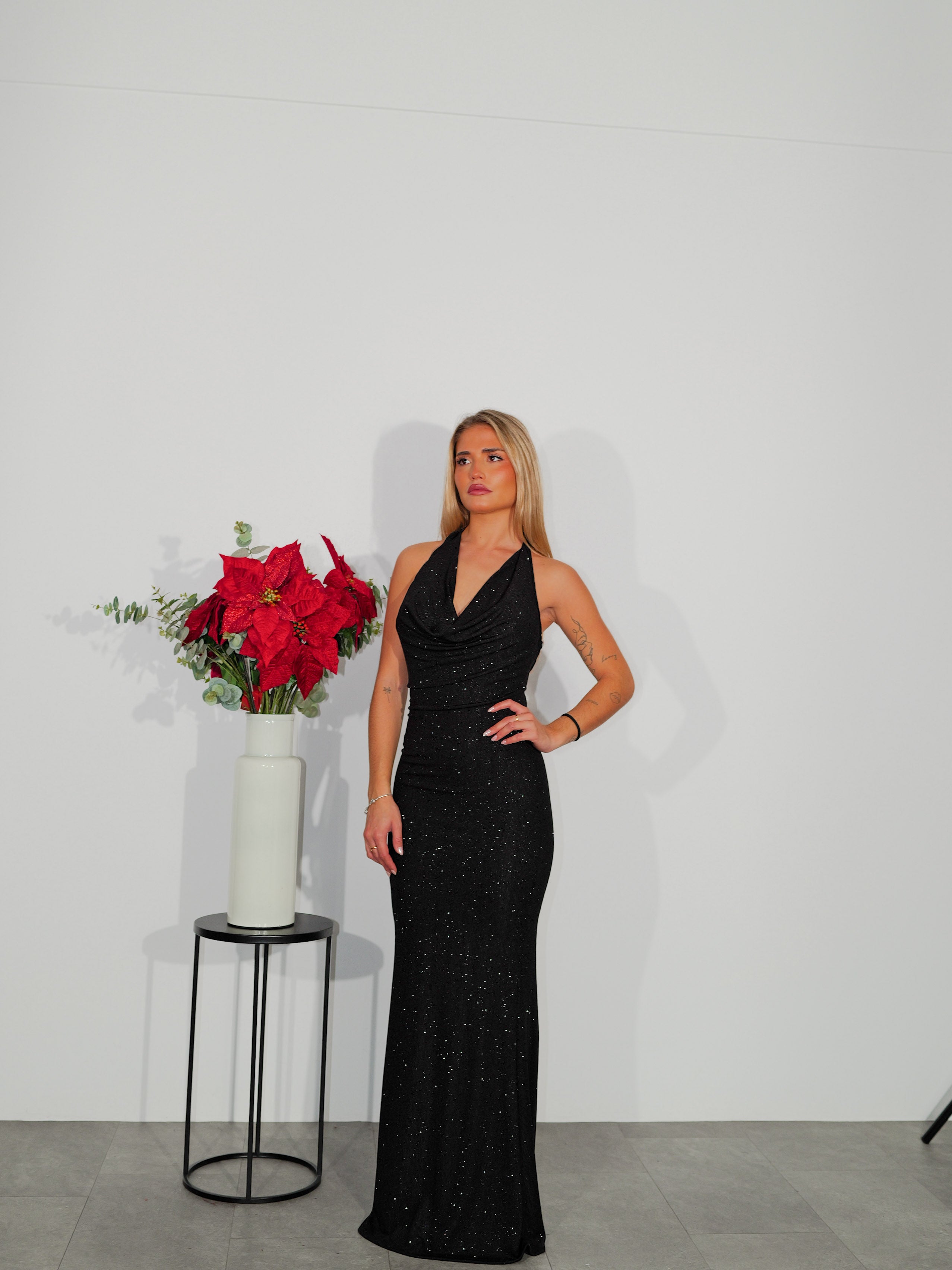 Vestido largo lurex cascada negro