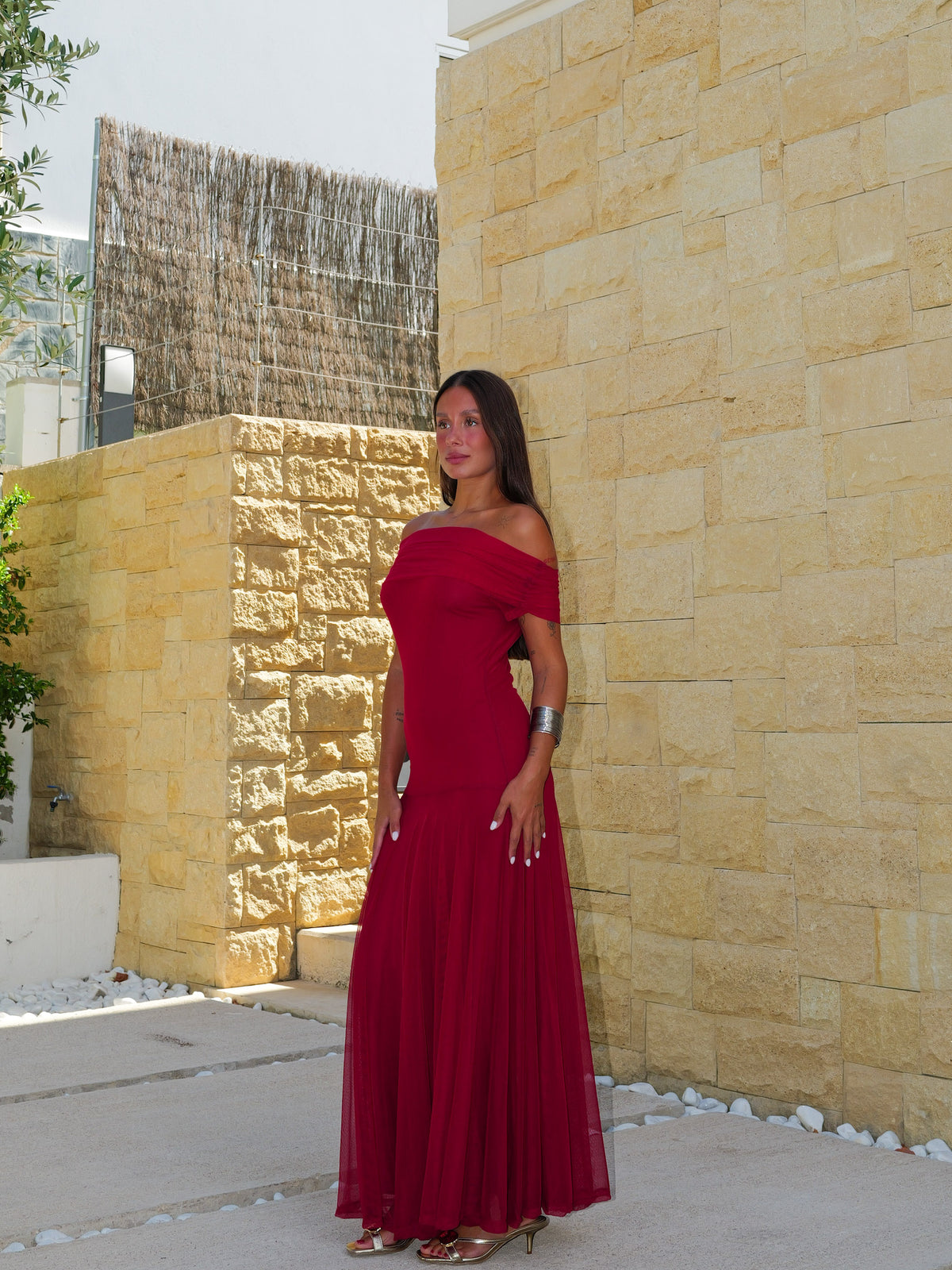 Abito midi svasato in tulle color vino