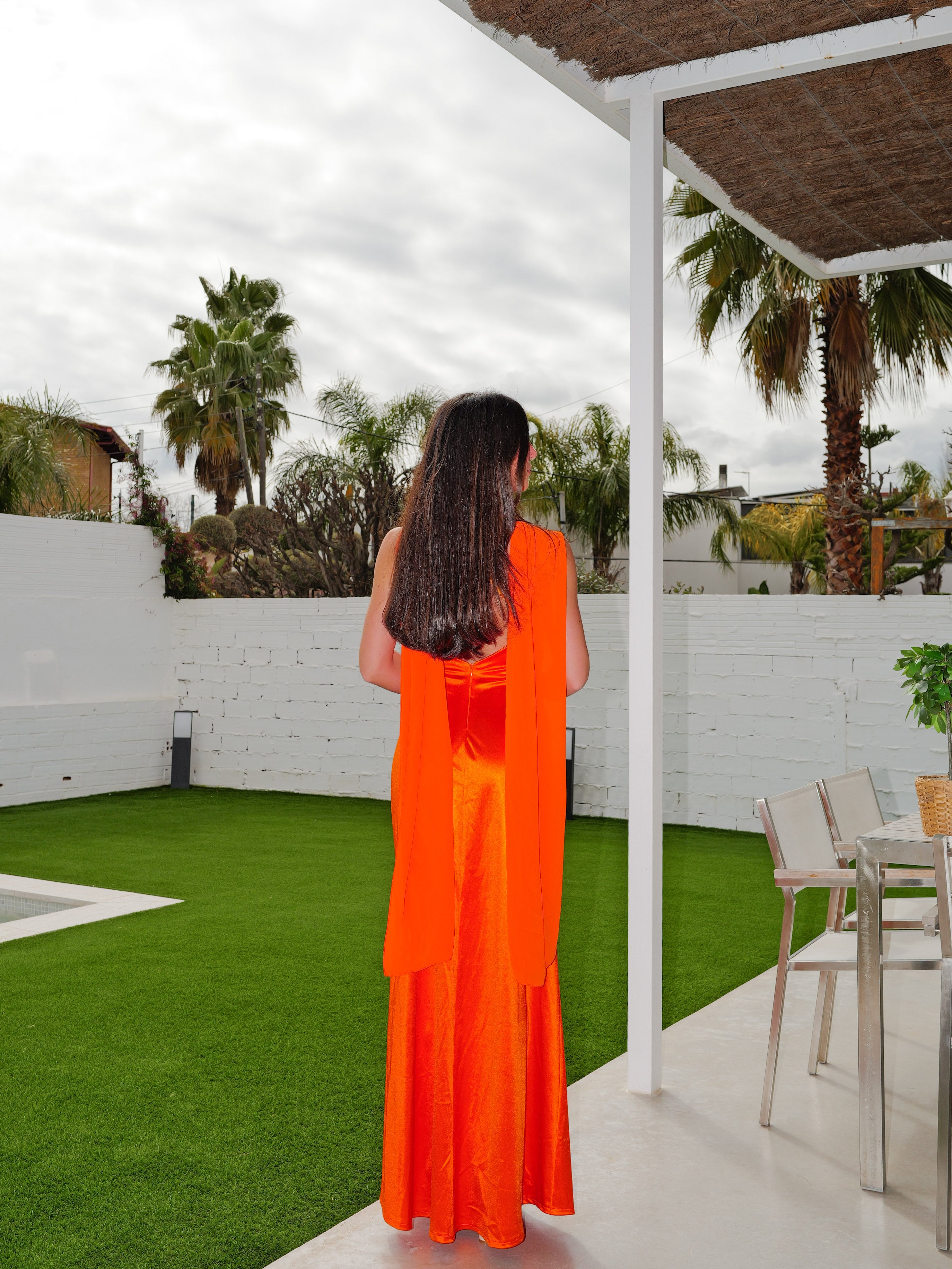 Vestido banda cruzado tulle naranja