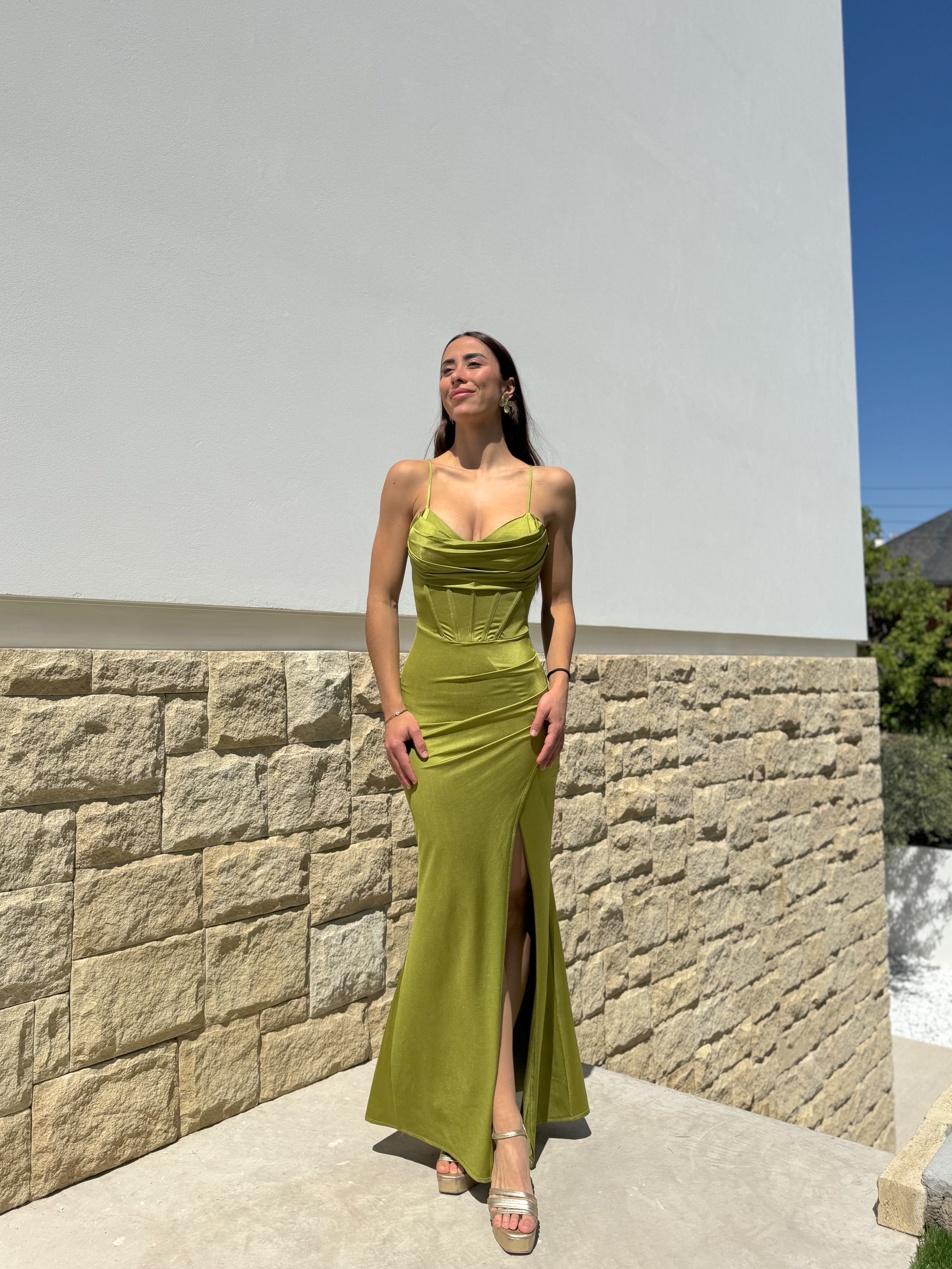 Olive satin corset dress