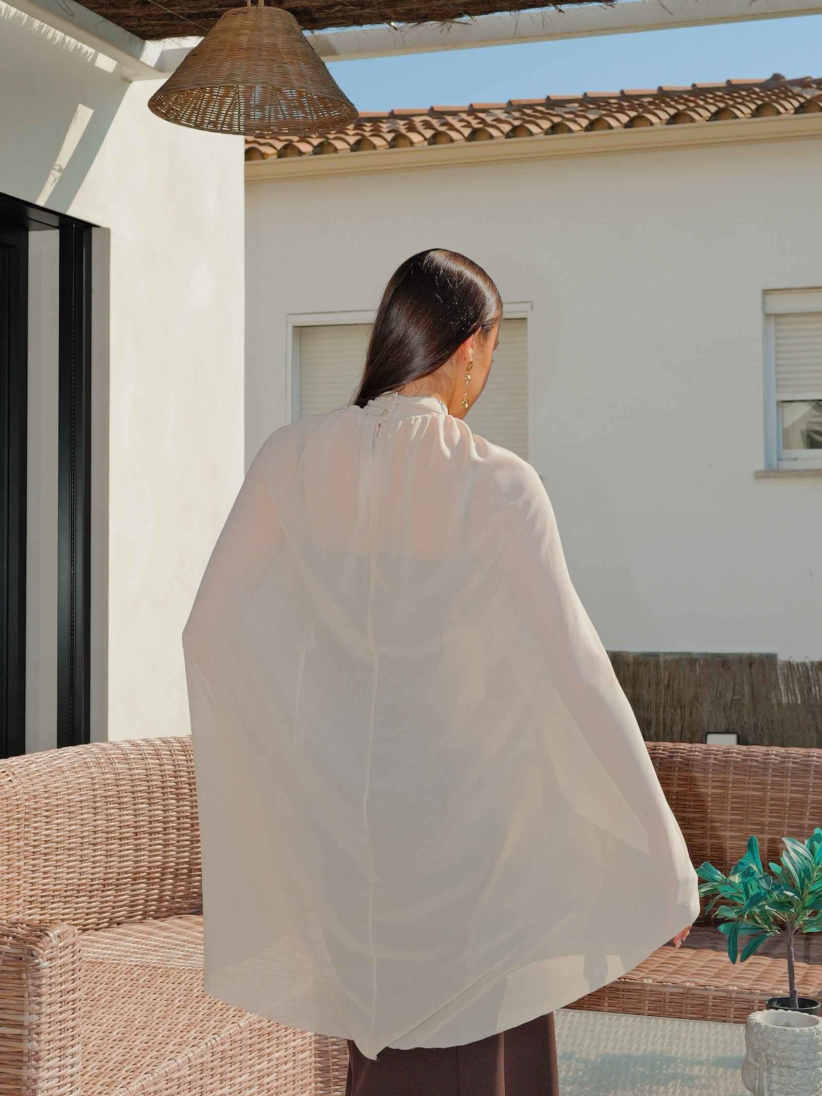 Beige long button chiffon cape