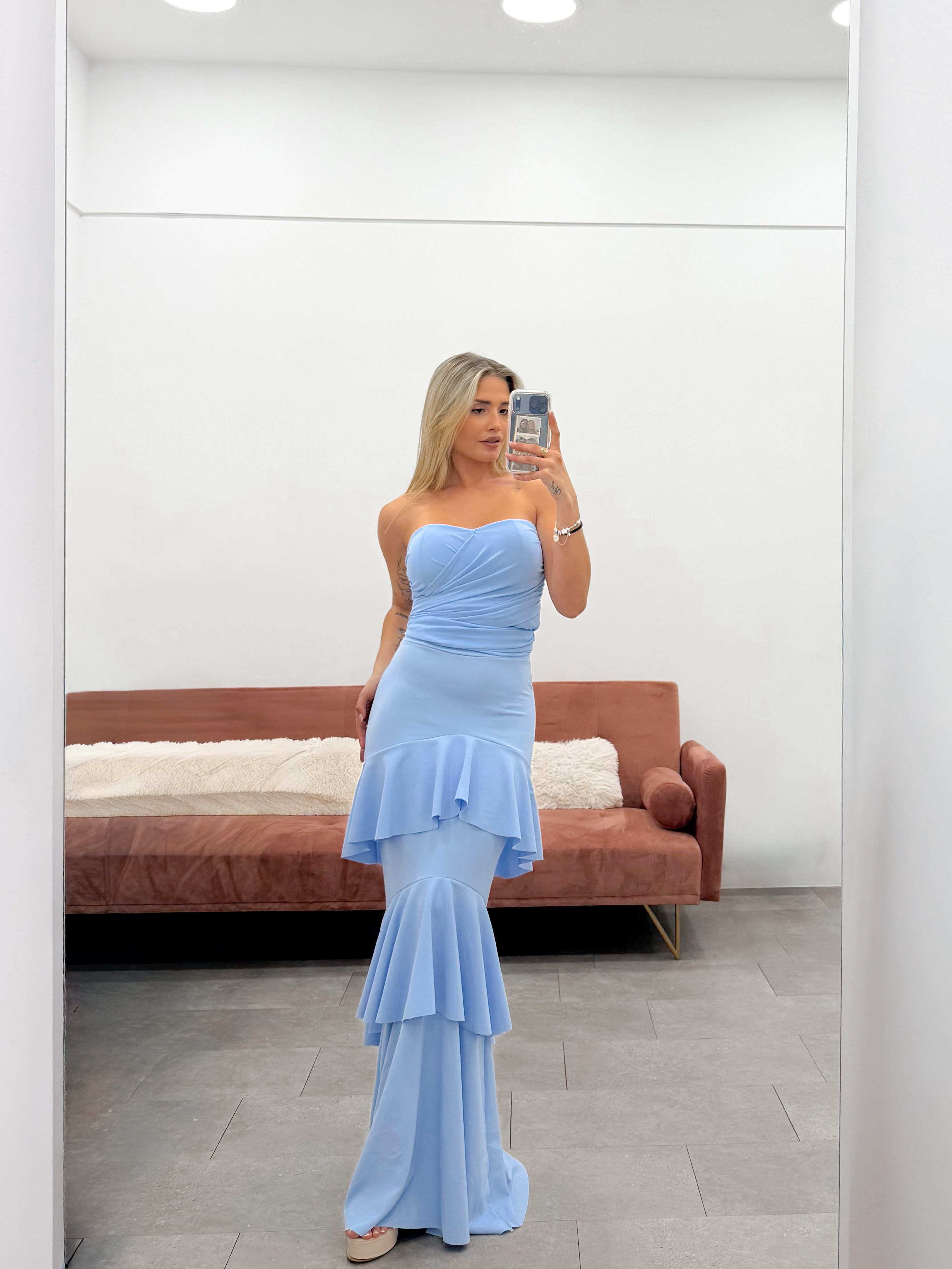 Vestido volantes multi tulle celeste