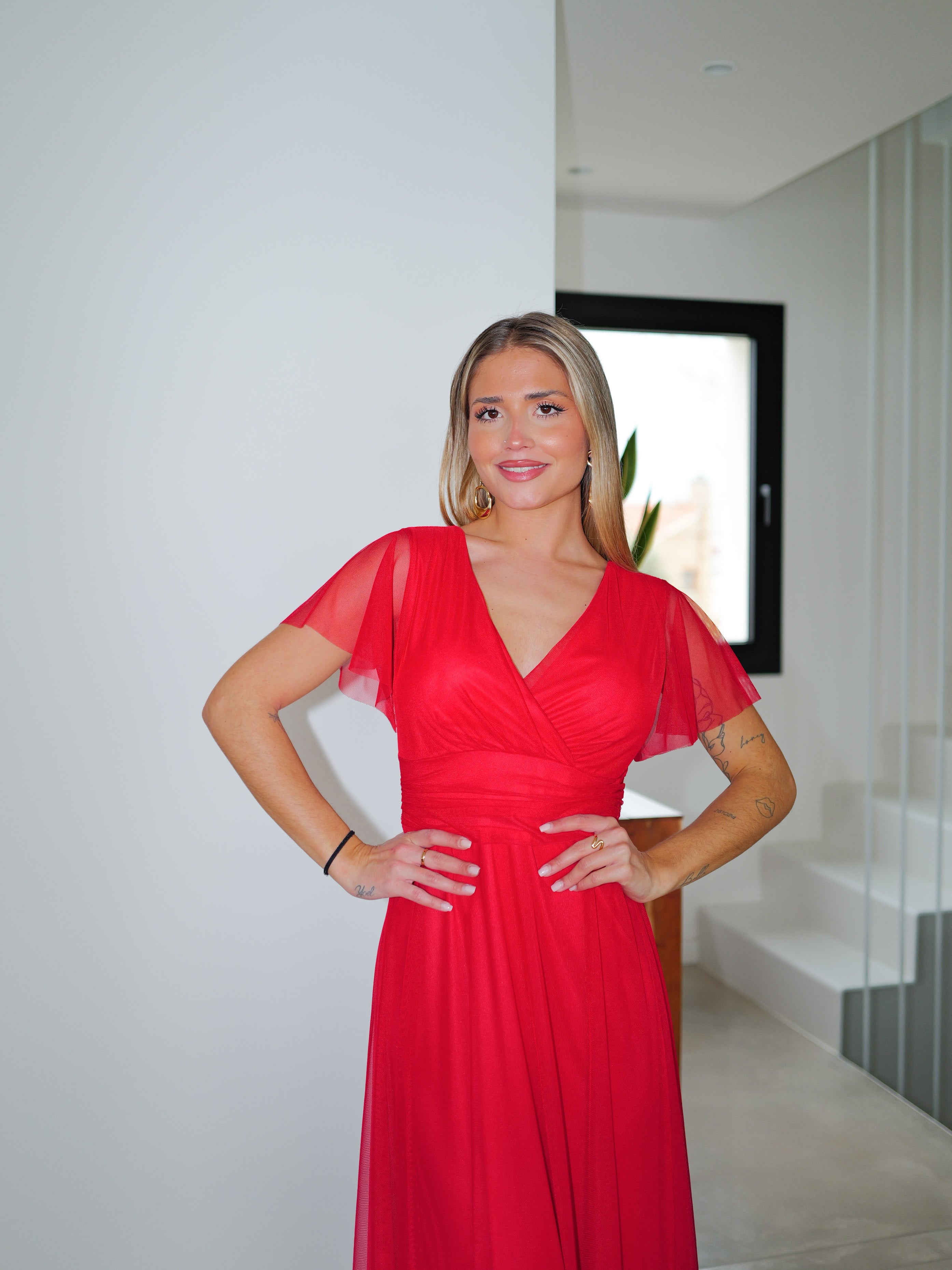 Vestido tulle manga rojo