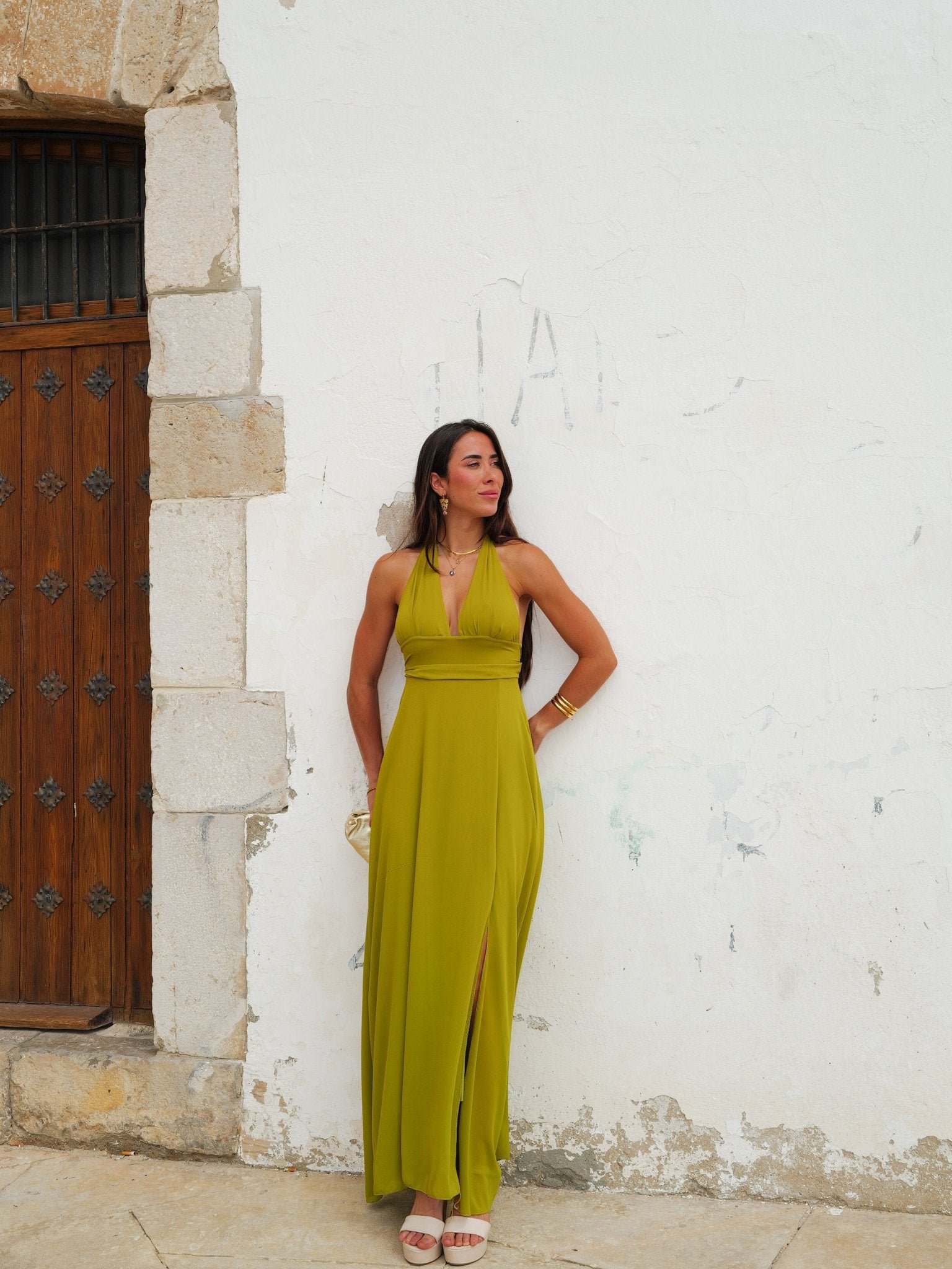 Olive long gauze dress with V-neckline