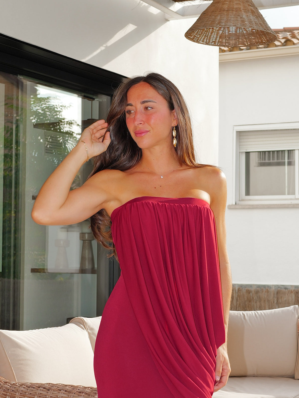 Vestido palabra abullonado burdeos