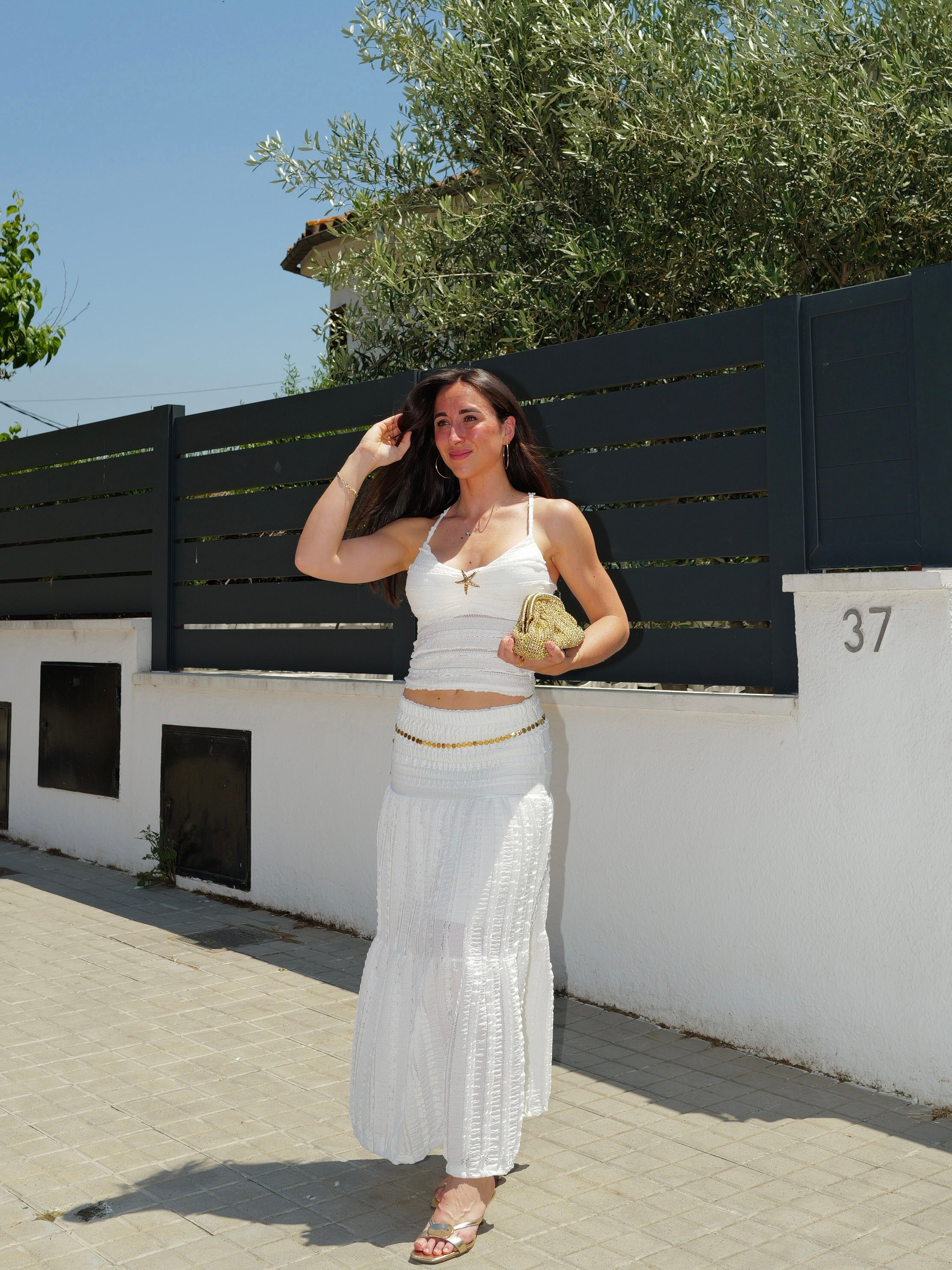 Conjunto drapeado encaje blanco