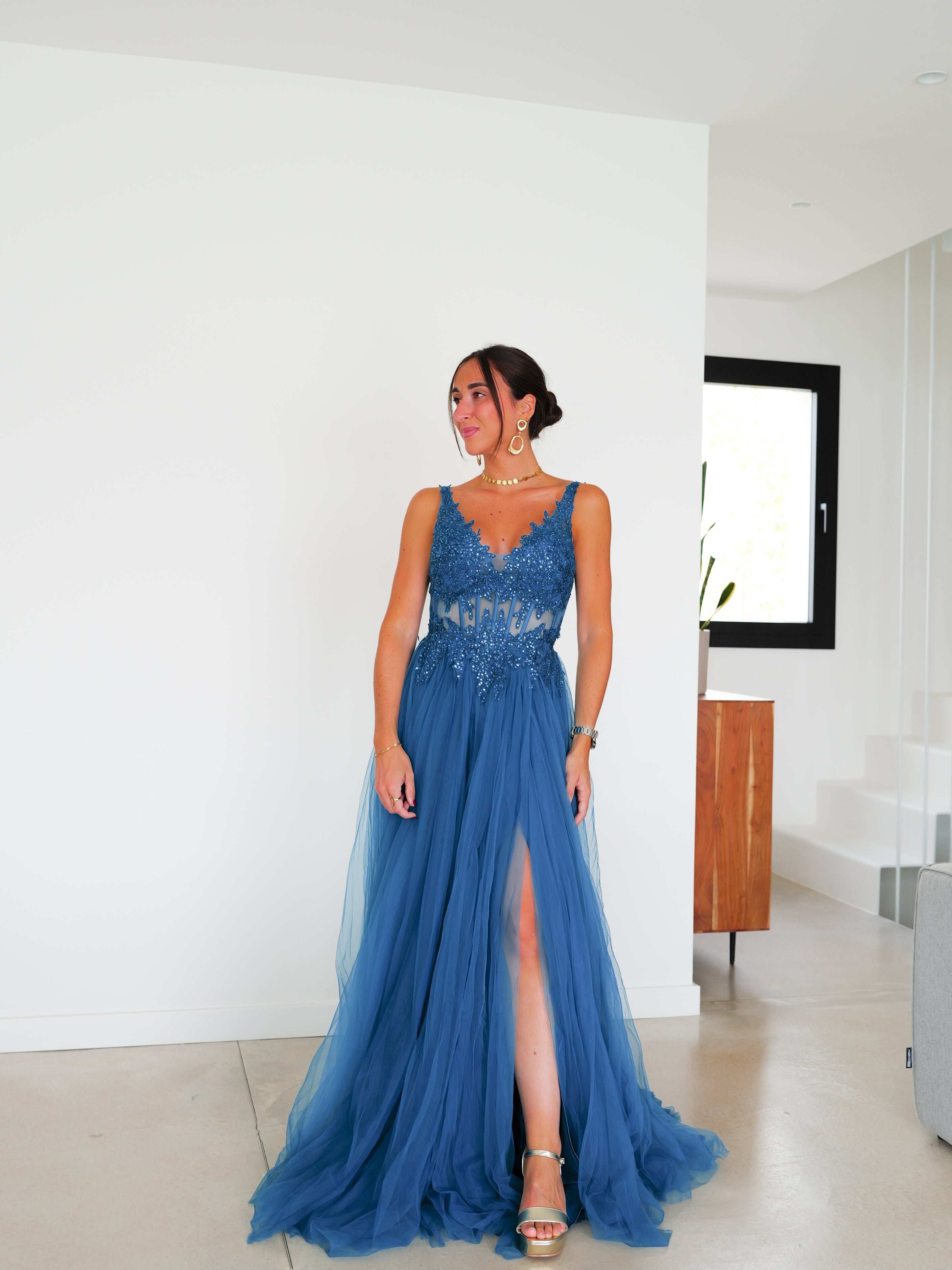 Vestido corsé pico tulle petroleo