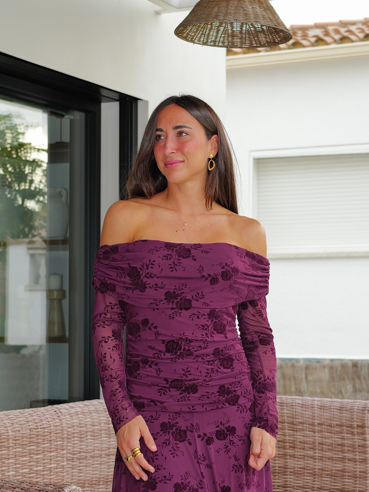 Vestido largo tulle estampado velvet burdeos