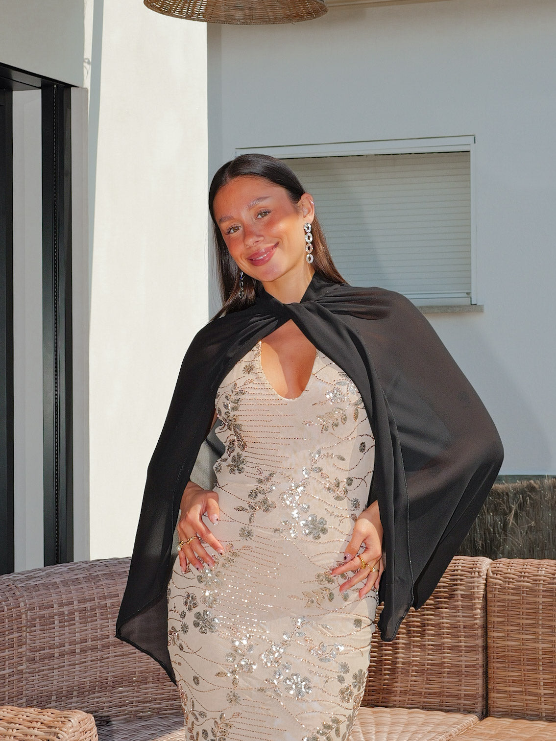 Long black button gauze cape