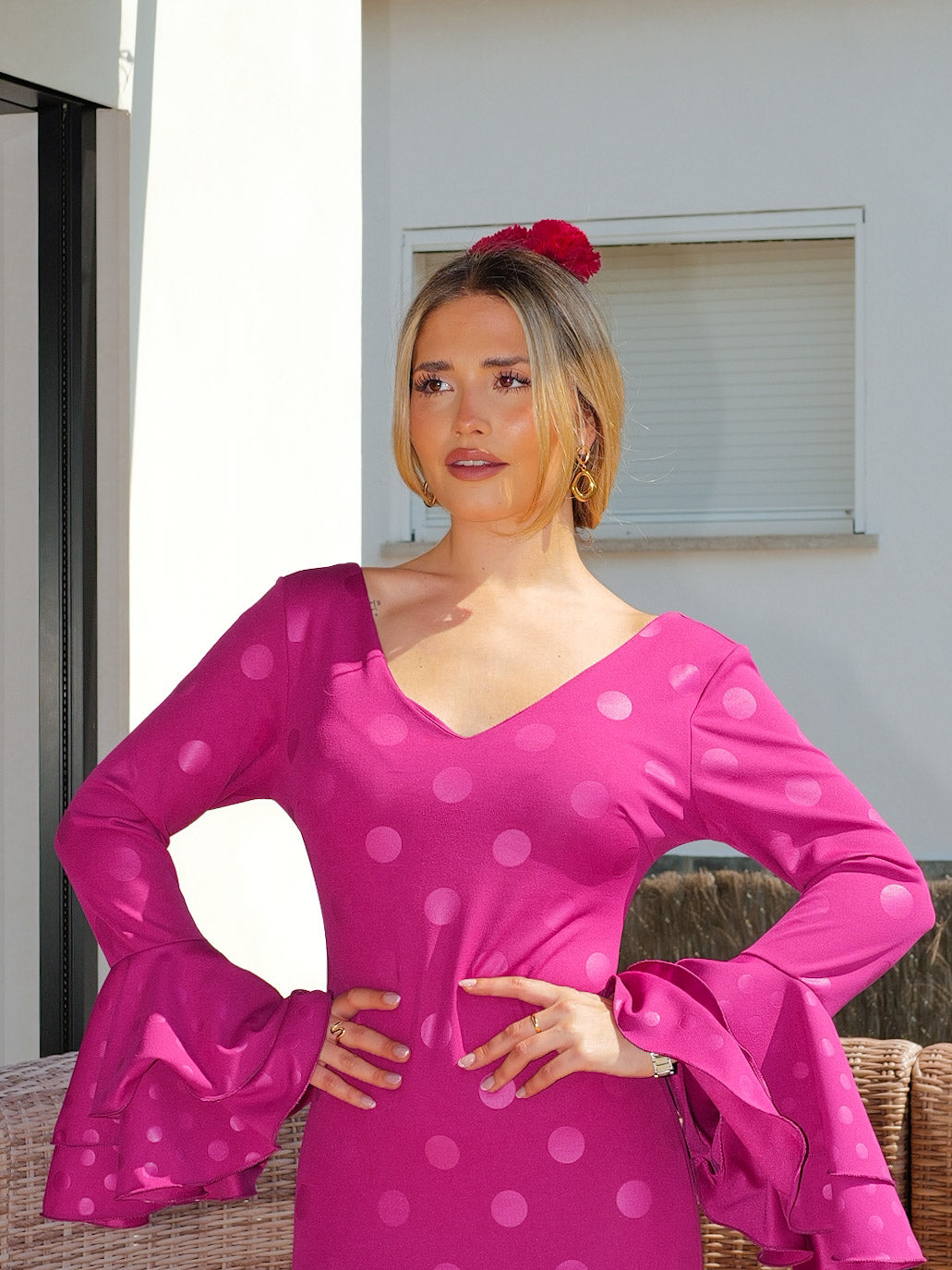 Traje flamenca asimétrico pico lunares amarena