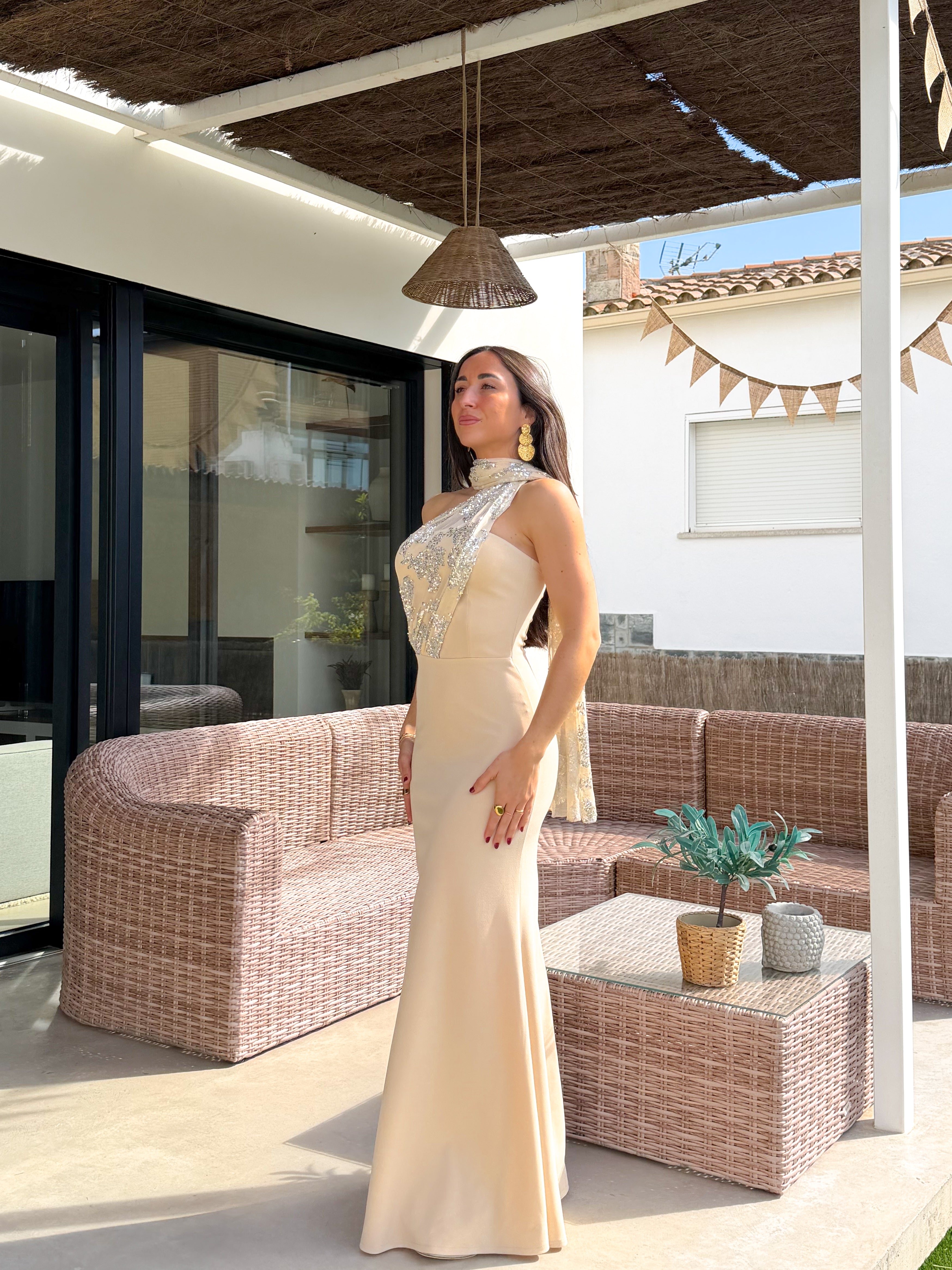 Vestido multi tulle brillos beige