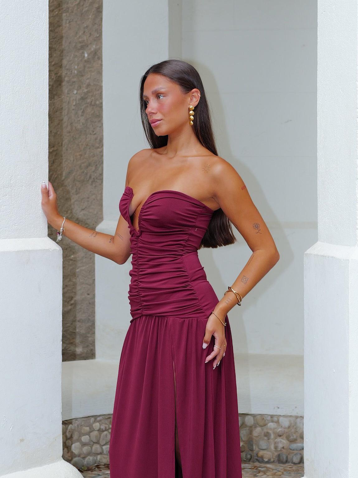Vestido largo palabra fruncido burdeos