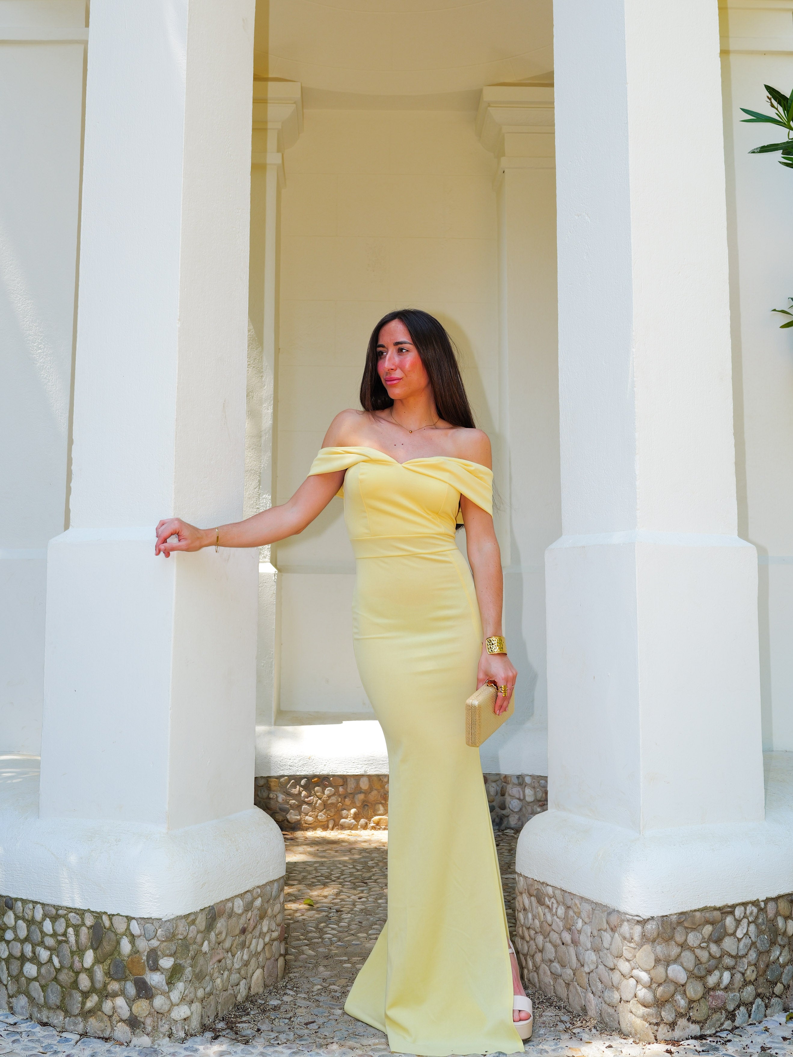 Vestido bardot efecto lazo amarillo