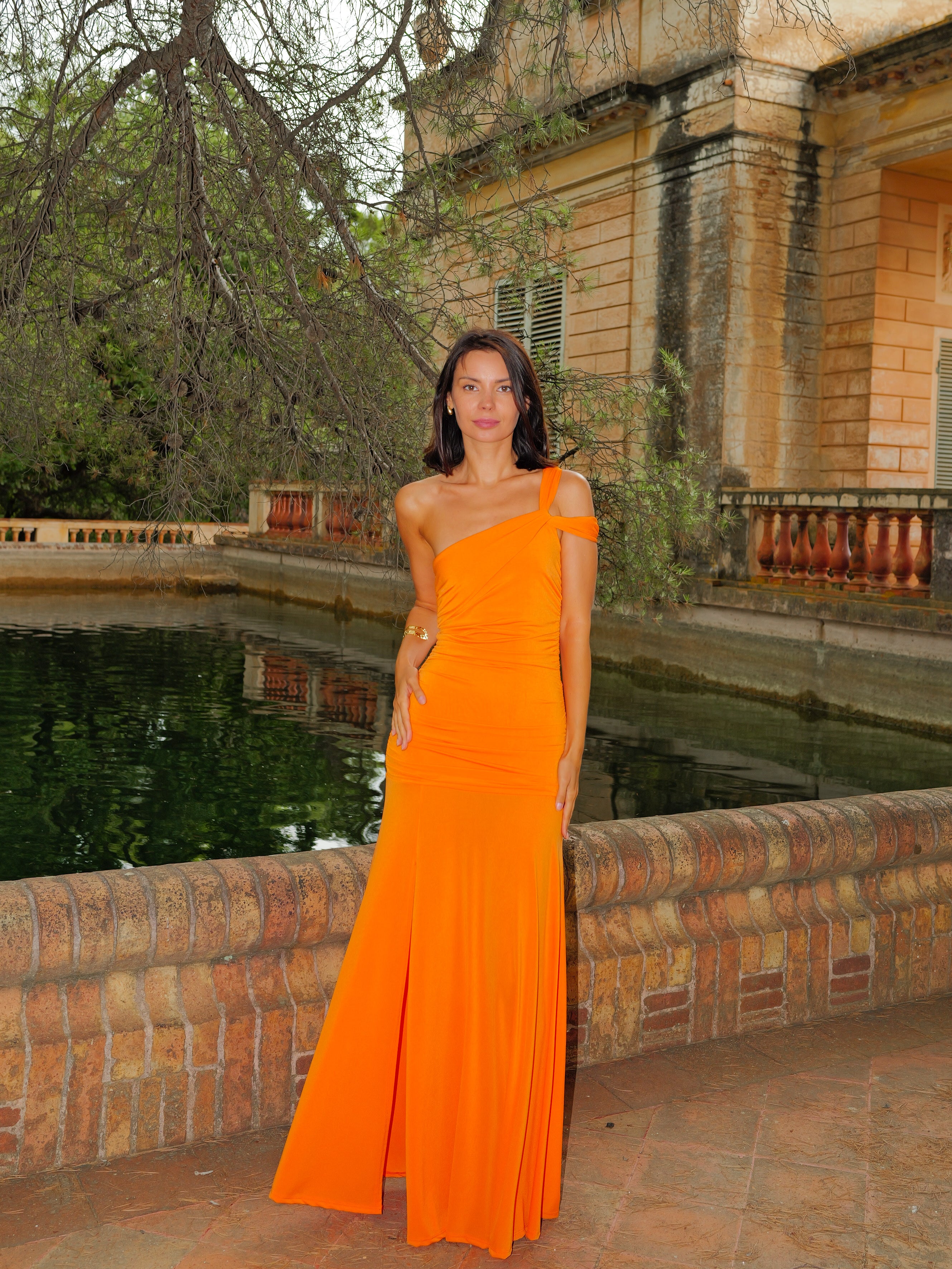 Vestido asim tirante nudo naranja