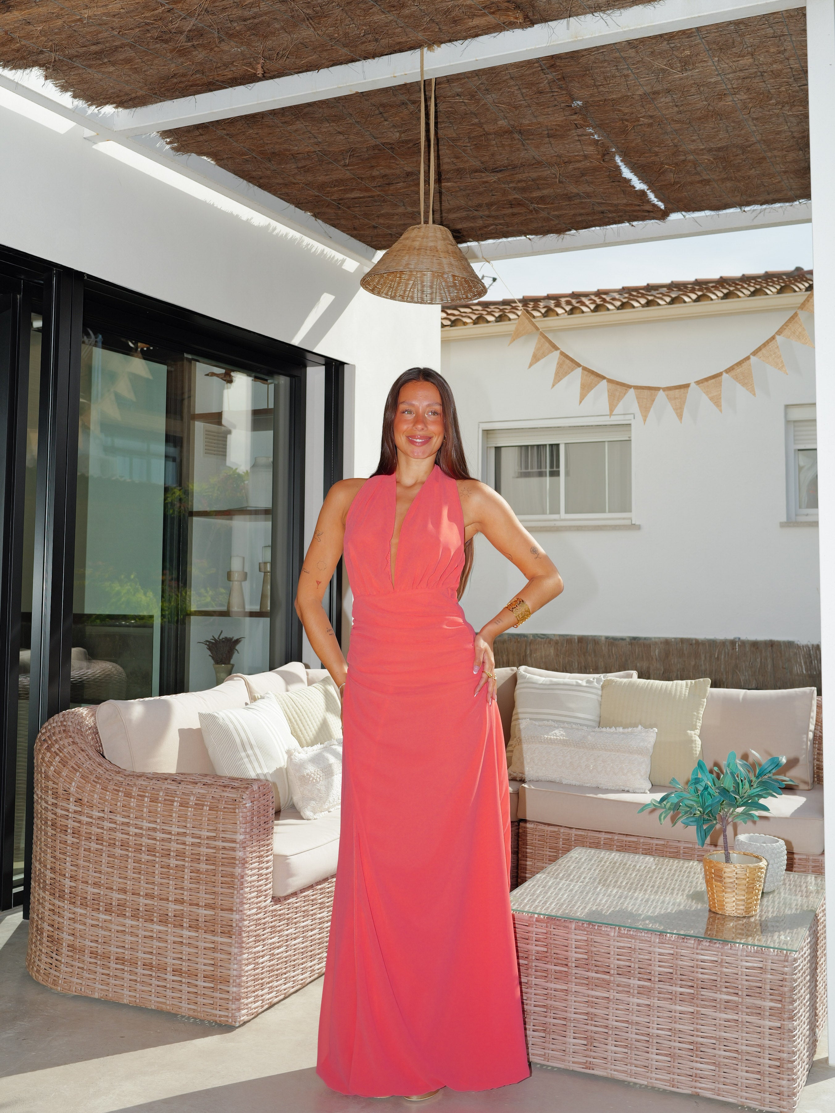 Vestido pico fruncido coral