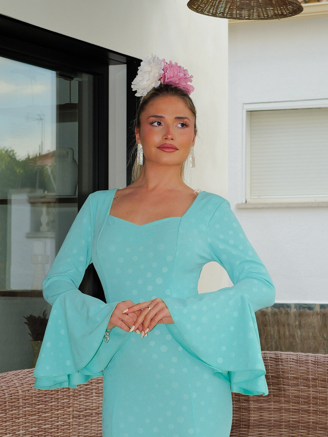 Traje flamenca volantes lunares celeste