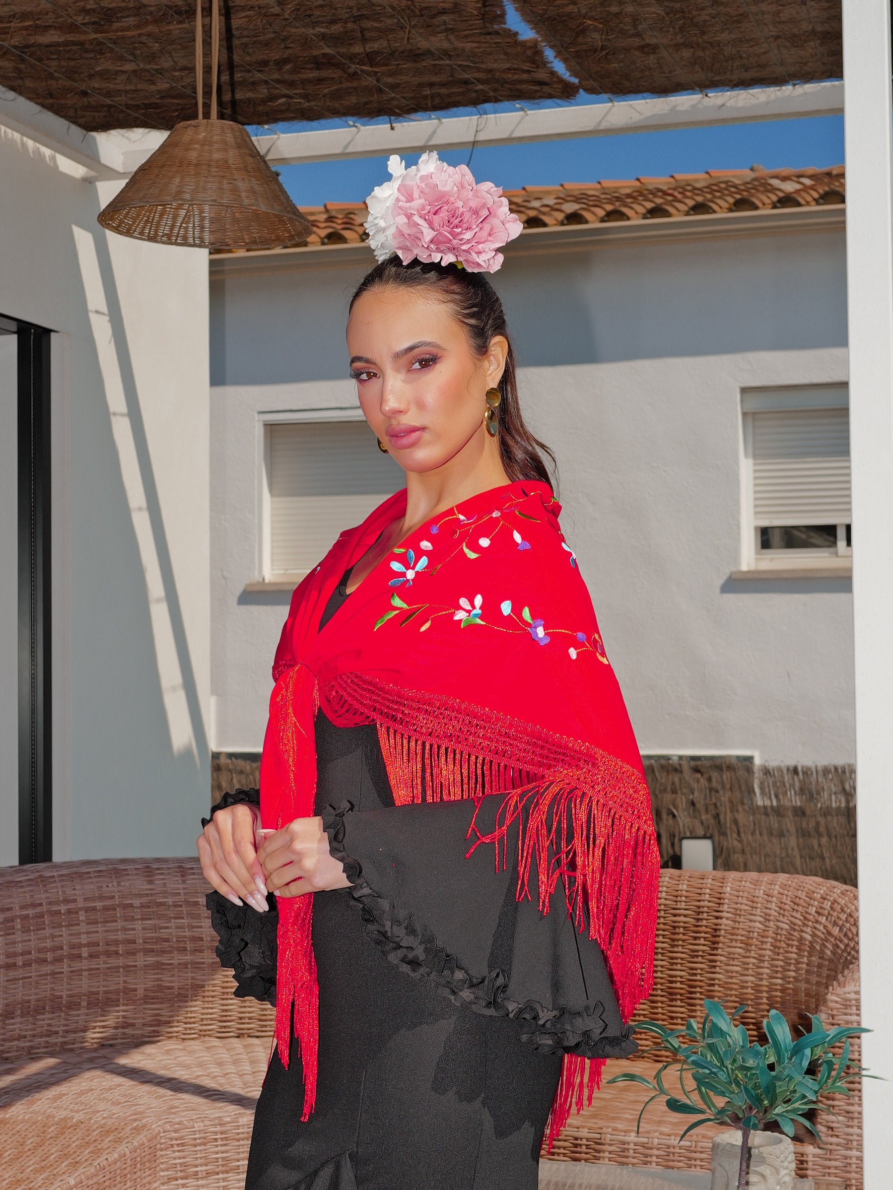Red floral-embroidered flamenco shawl
