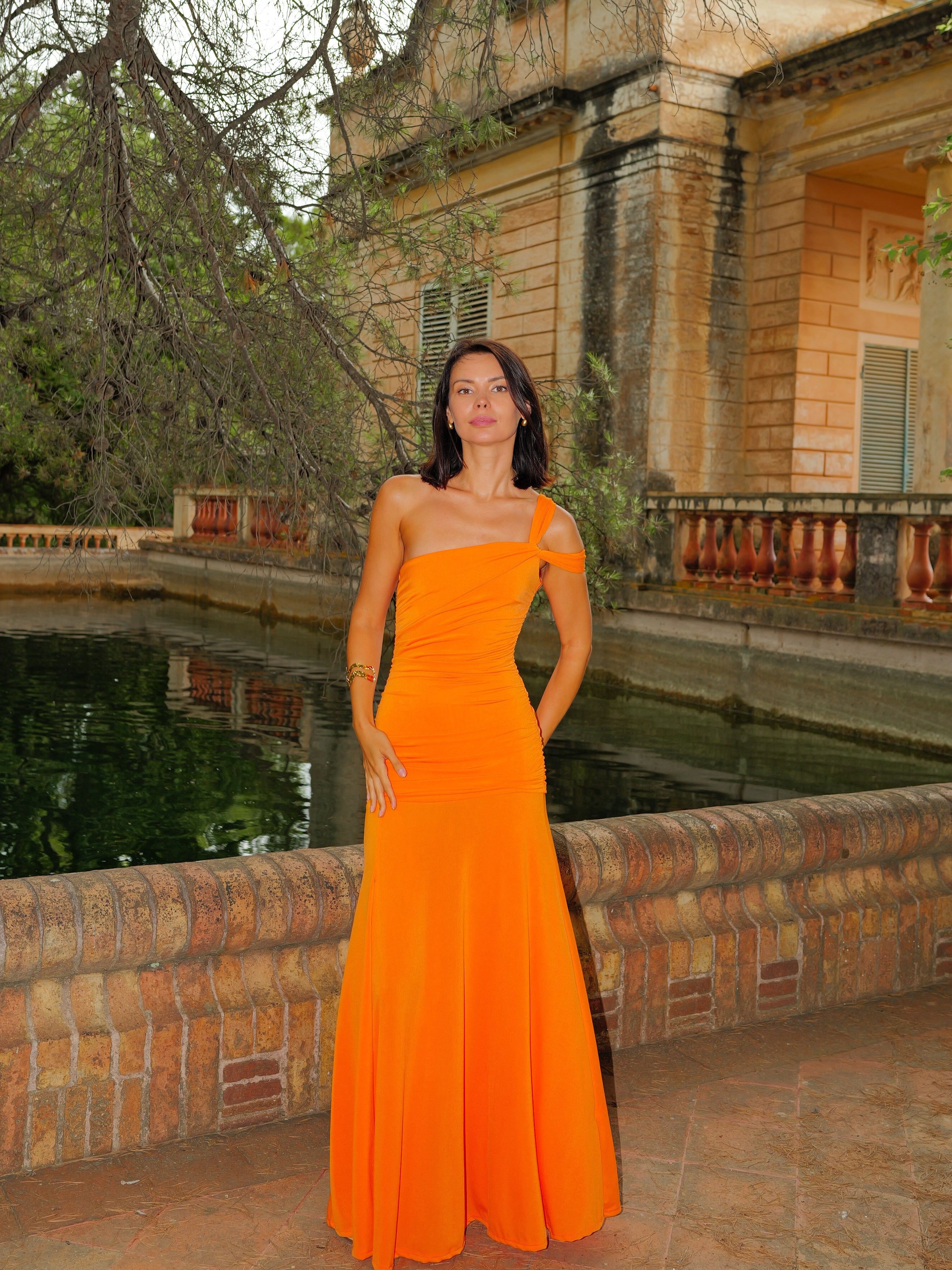 Vestido asim tirante nudo naranja