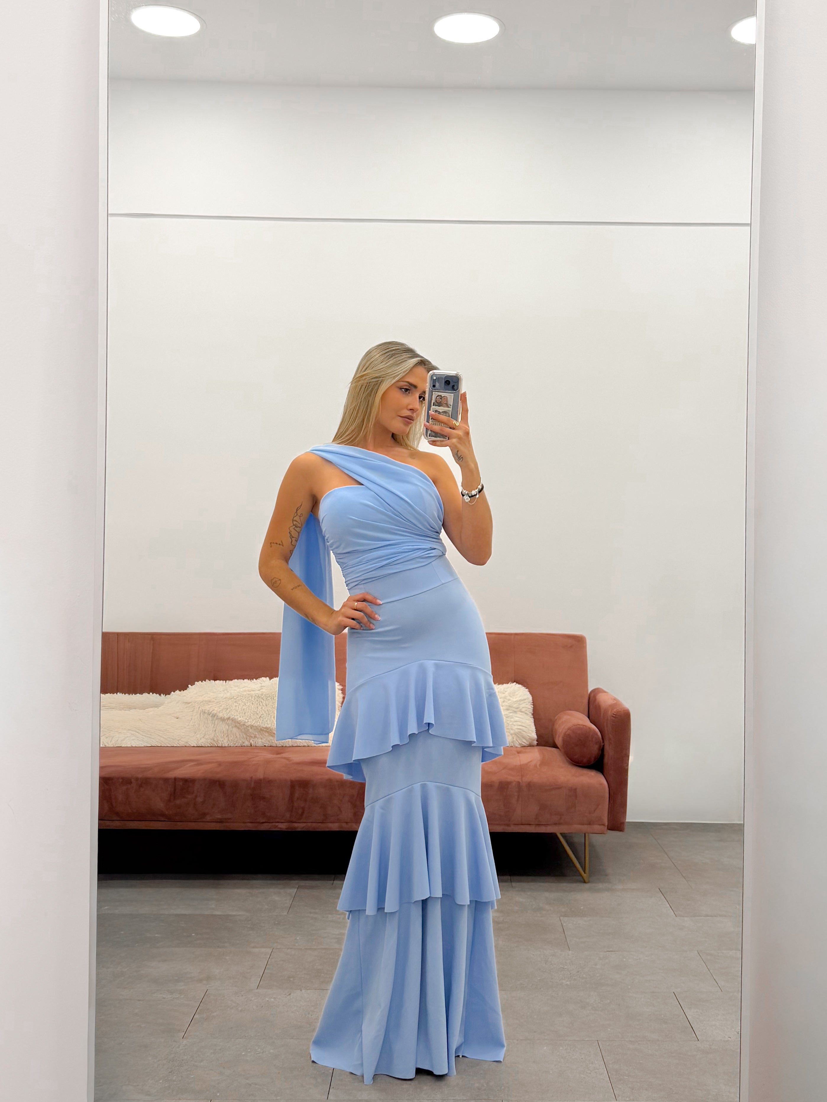 Vestido volantes multi tulle celeste