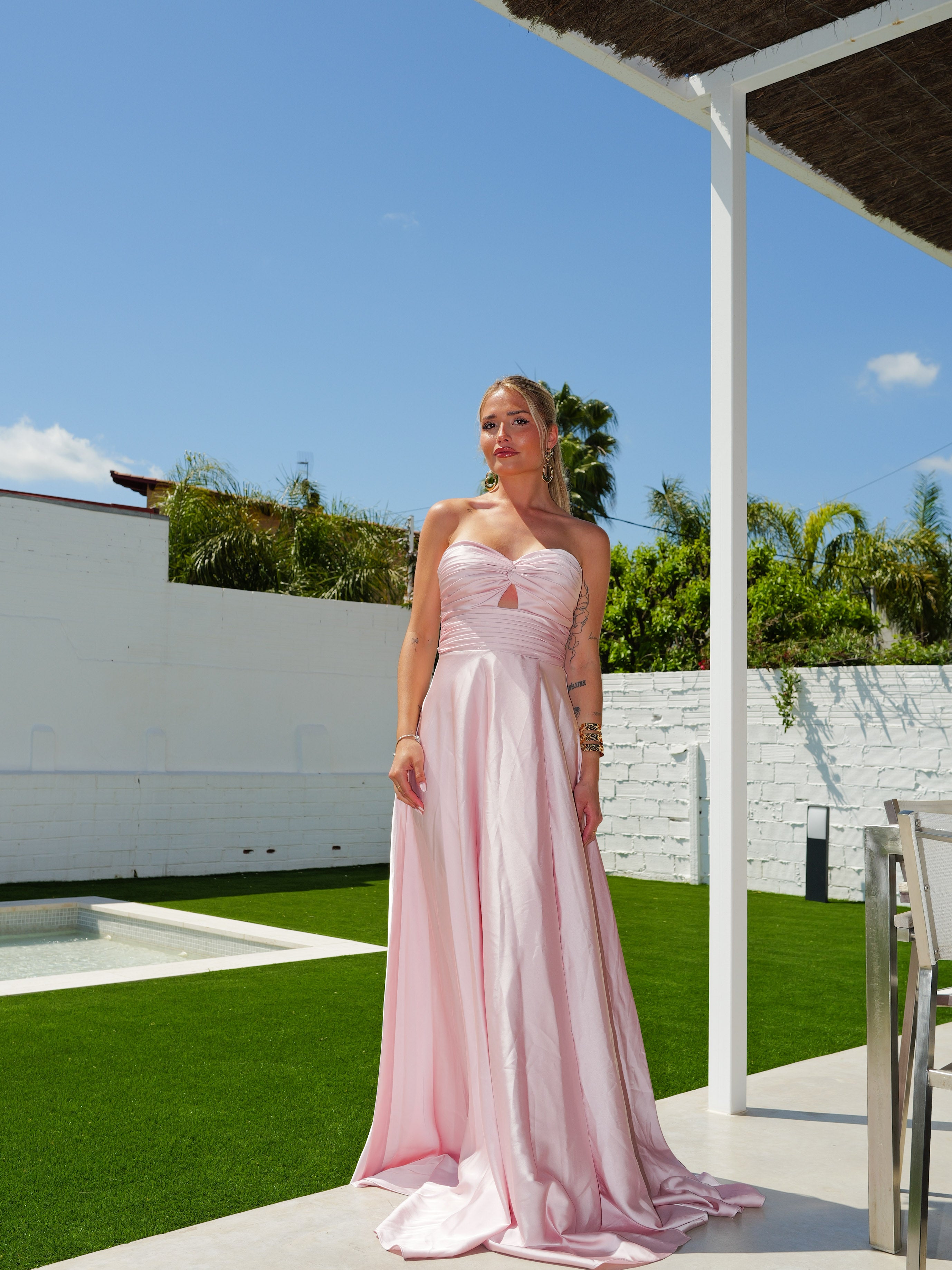 Vestido corsé tablas nudo rosa