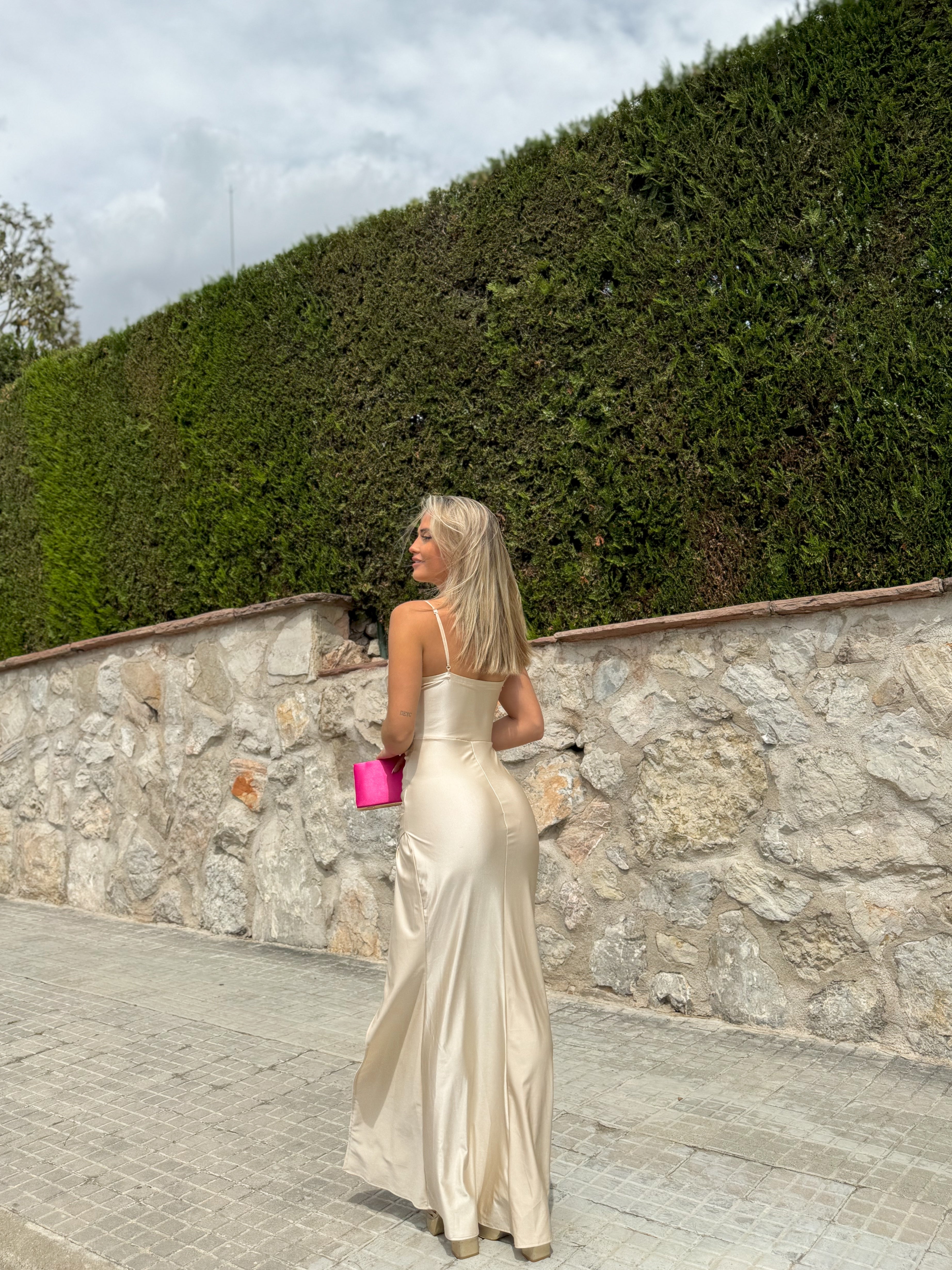 Vestido largo corse satinado beige