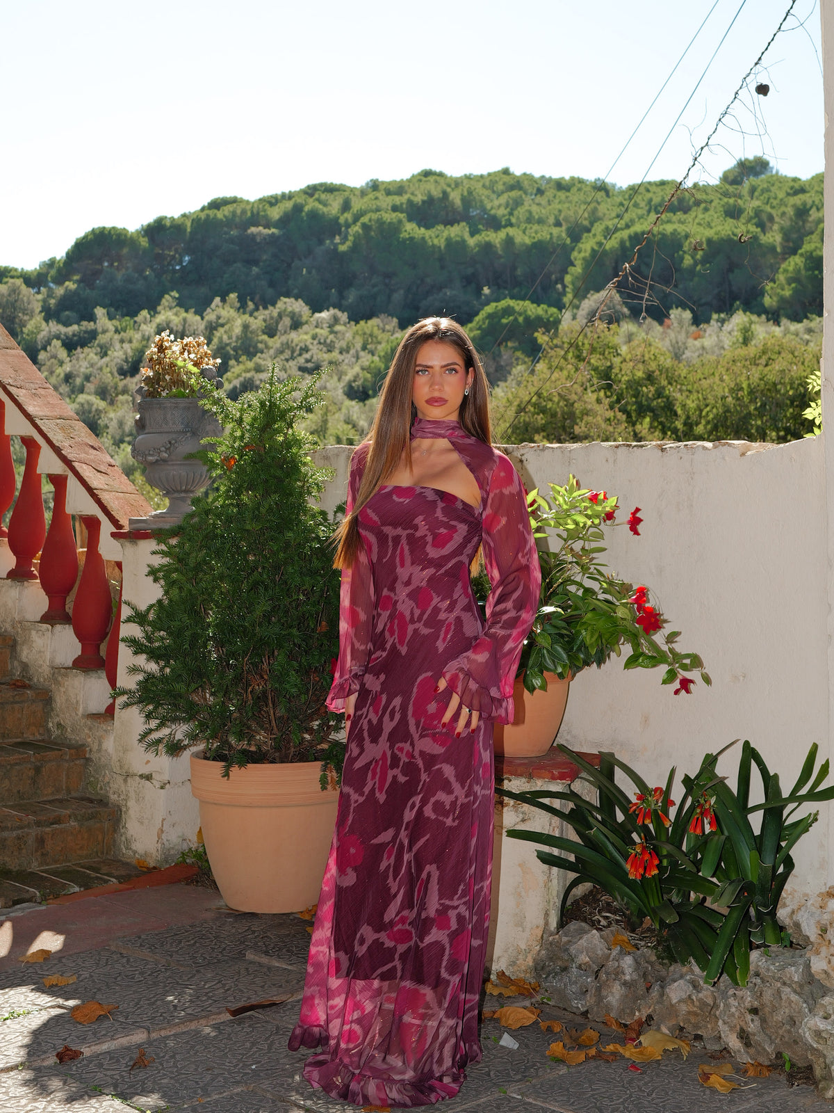 Vestido largo palabra chal manga burdeos