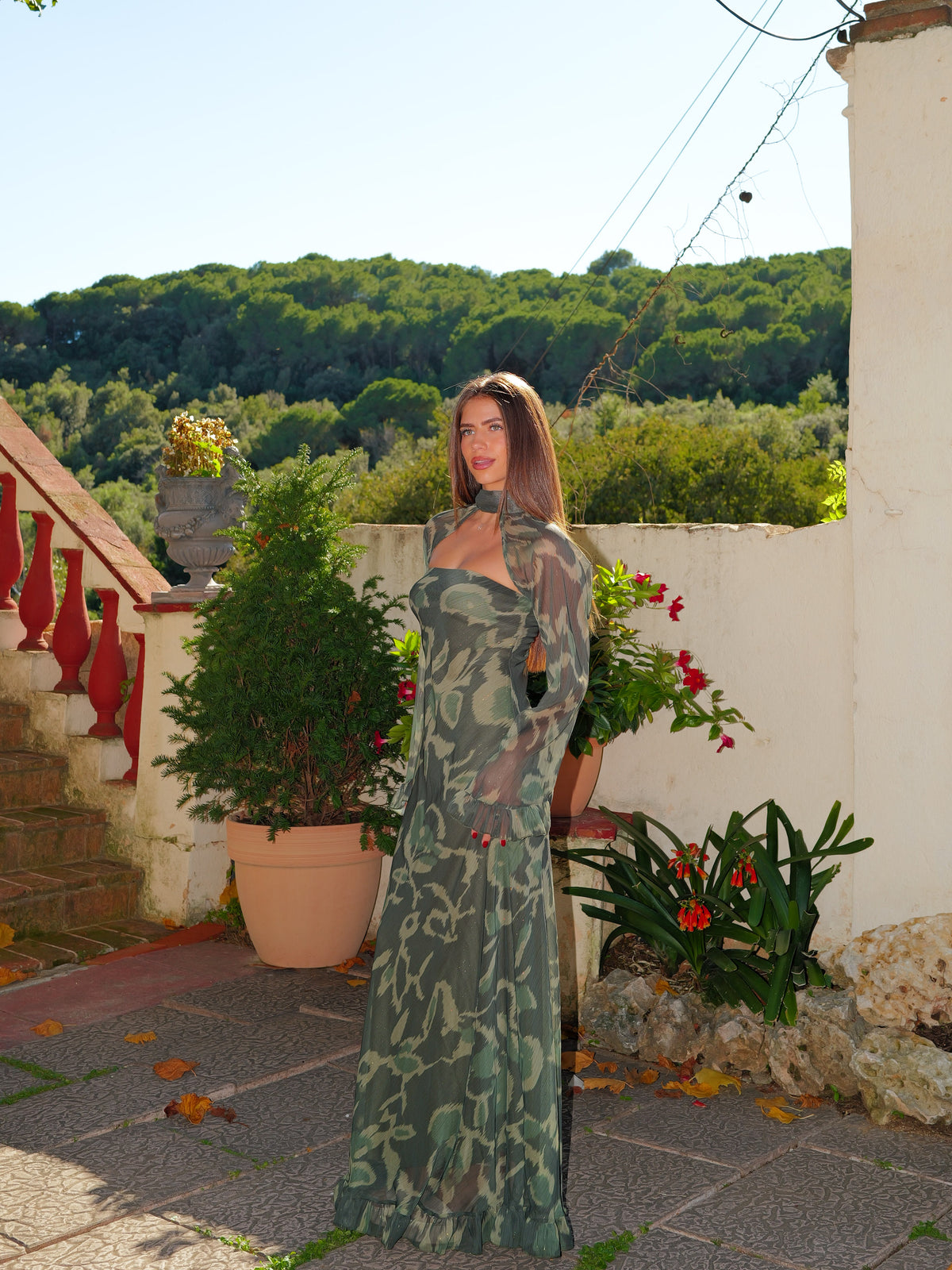 Vestido largo palabra chal manga oliva