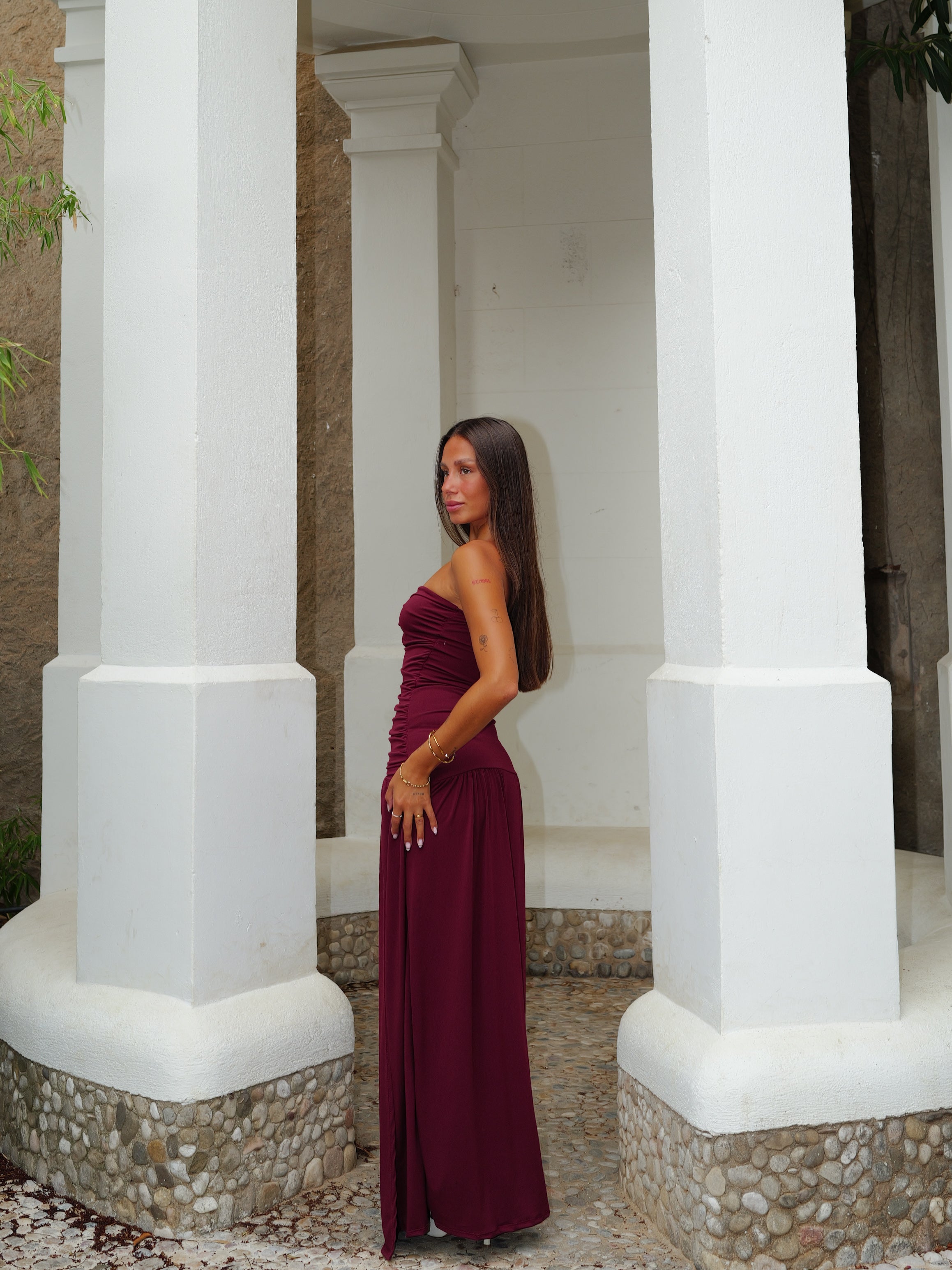 Vestido largo palabra fruncido burdeos