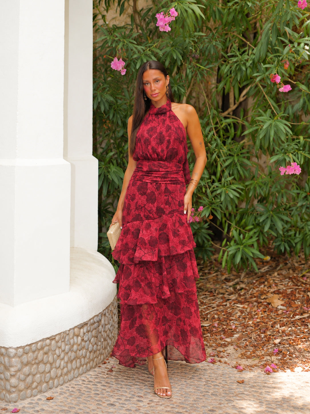 Red midi dress with a halter neckline and ruffles