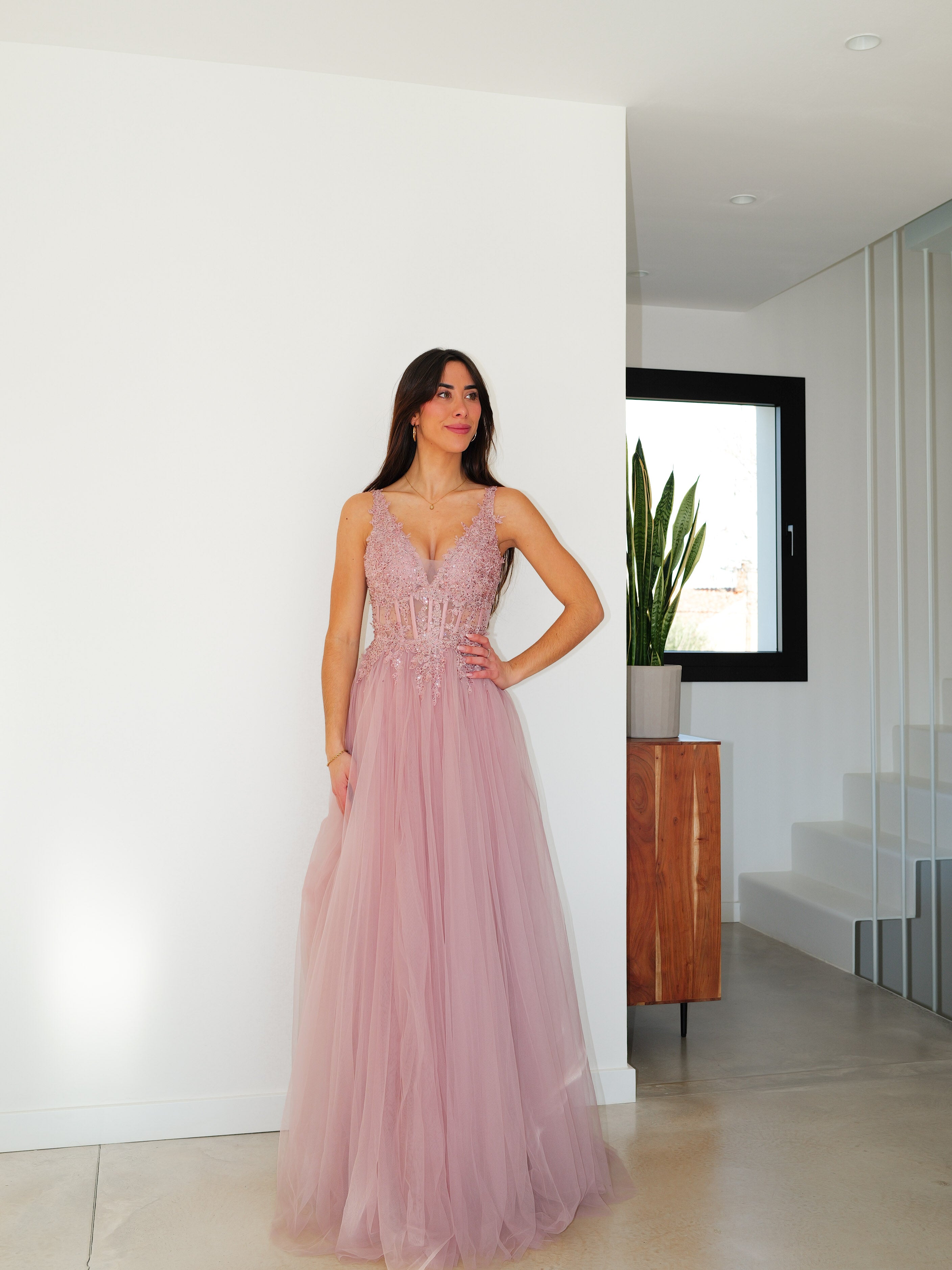 Vestido corsé pico tulle rosa