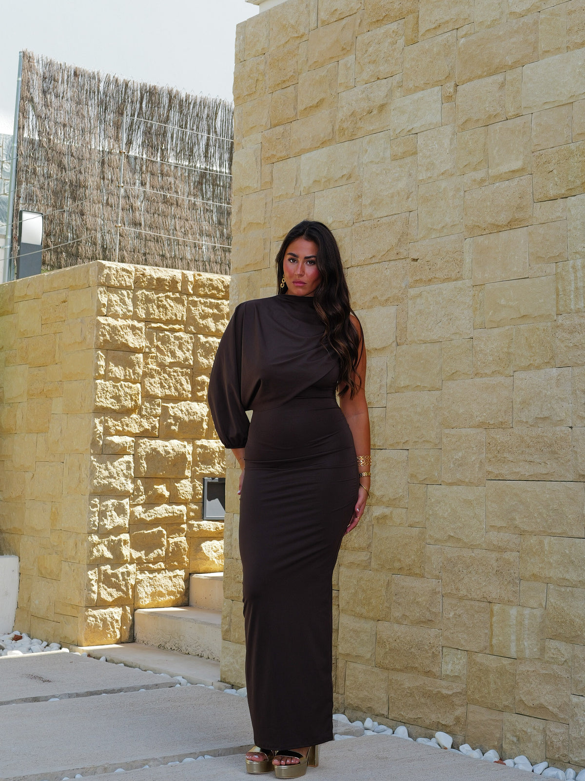 Vestido largo manga asim capa chocolate