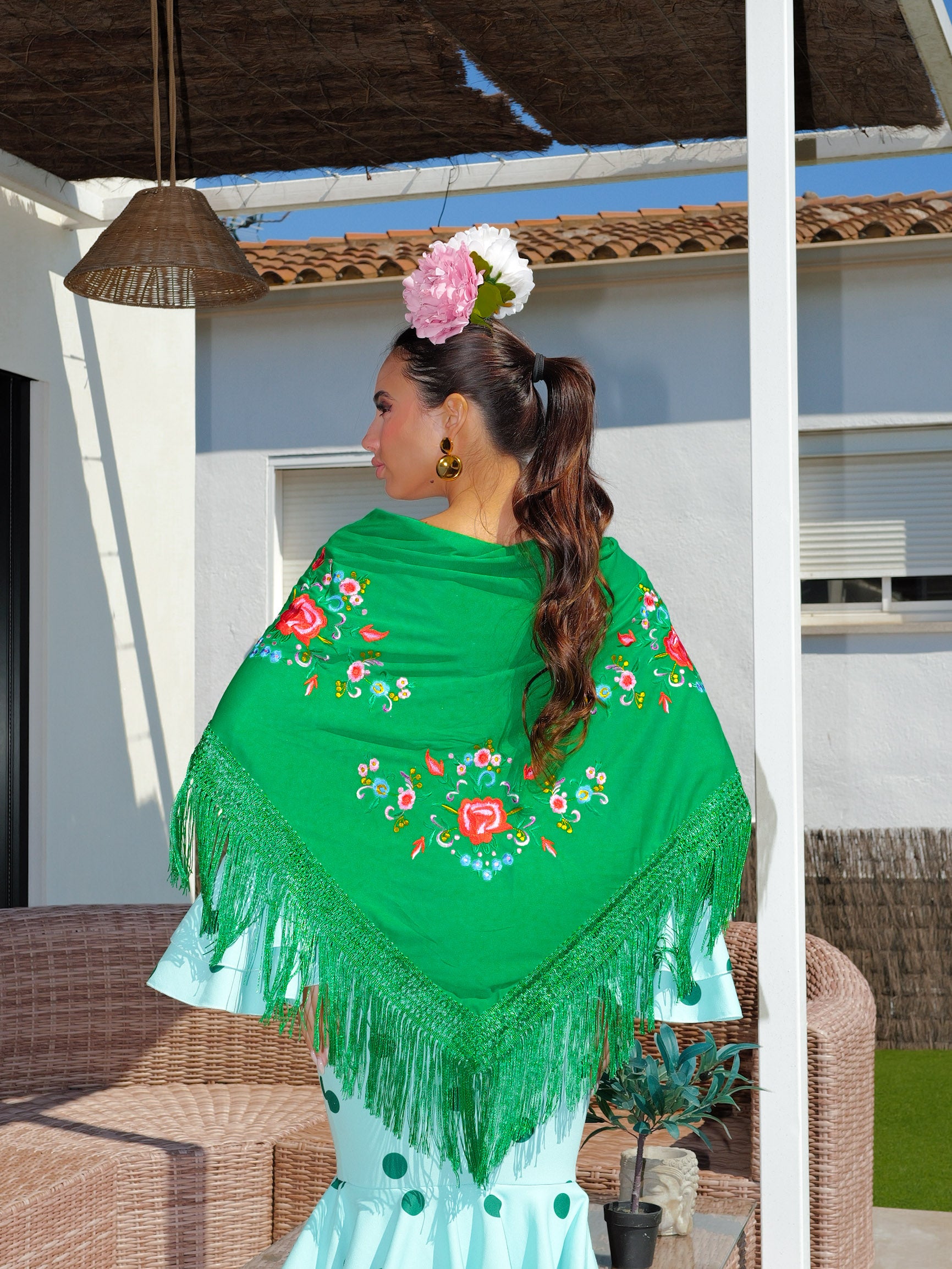 Green flamenco shawl with small floral embroidery