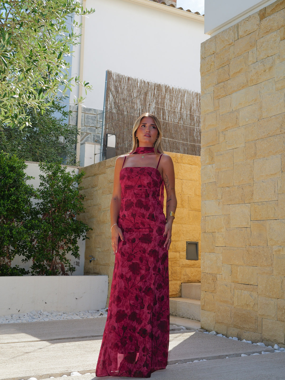 Burgundy-print georgette dress