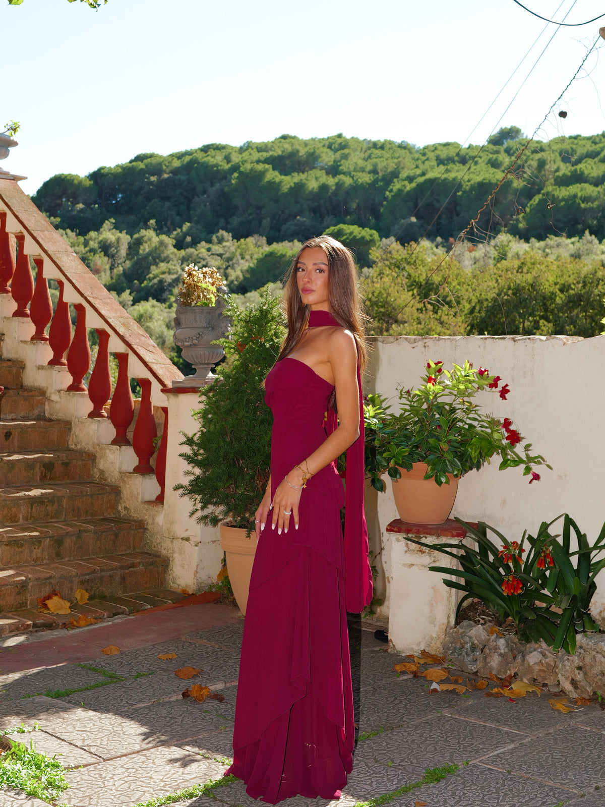 Burgundy Chiffon Ruffle Dress