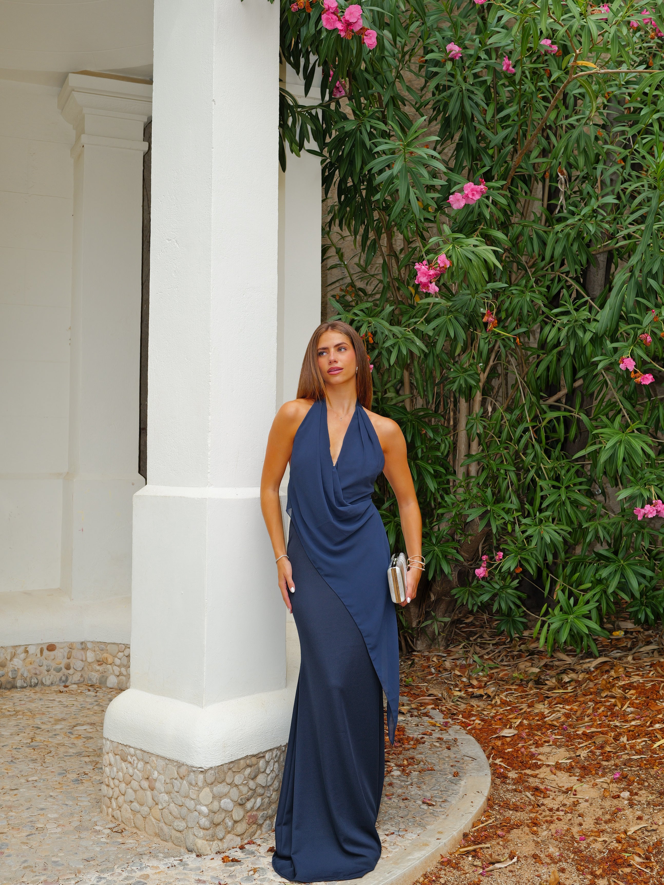 Navy Tulle Asymmetrical Cape Dress