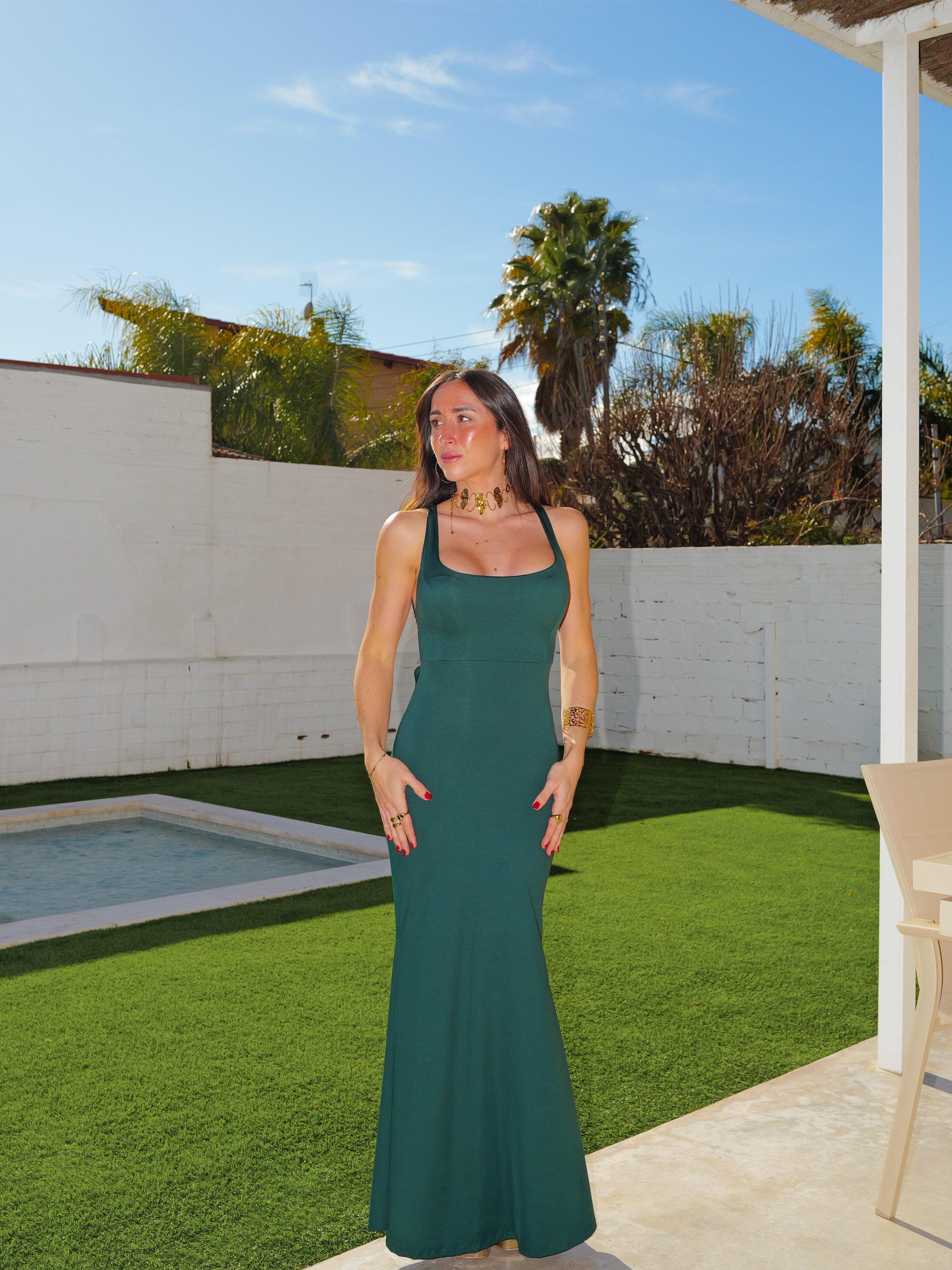 Vestido largo escote cuadrado entrelazado botella