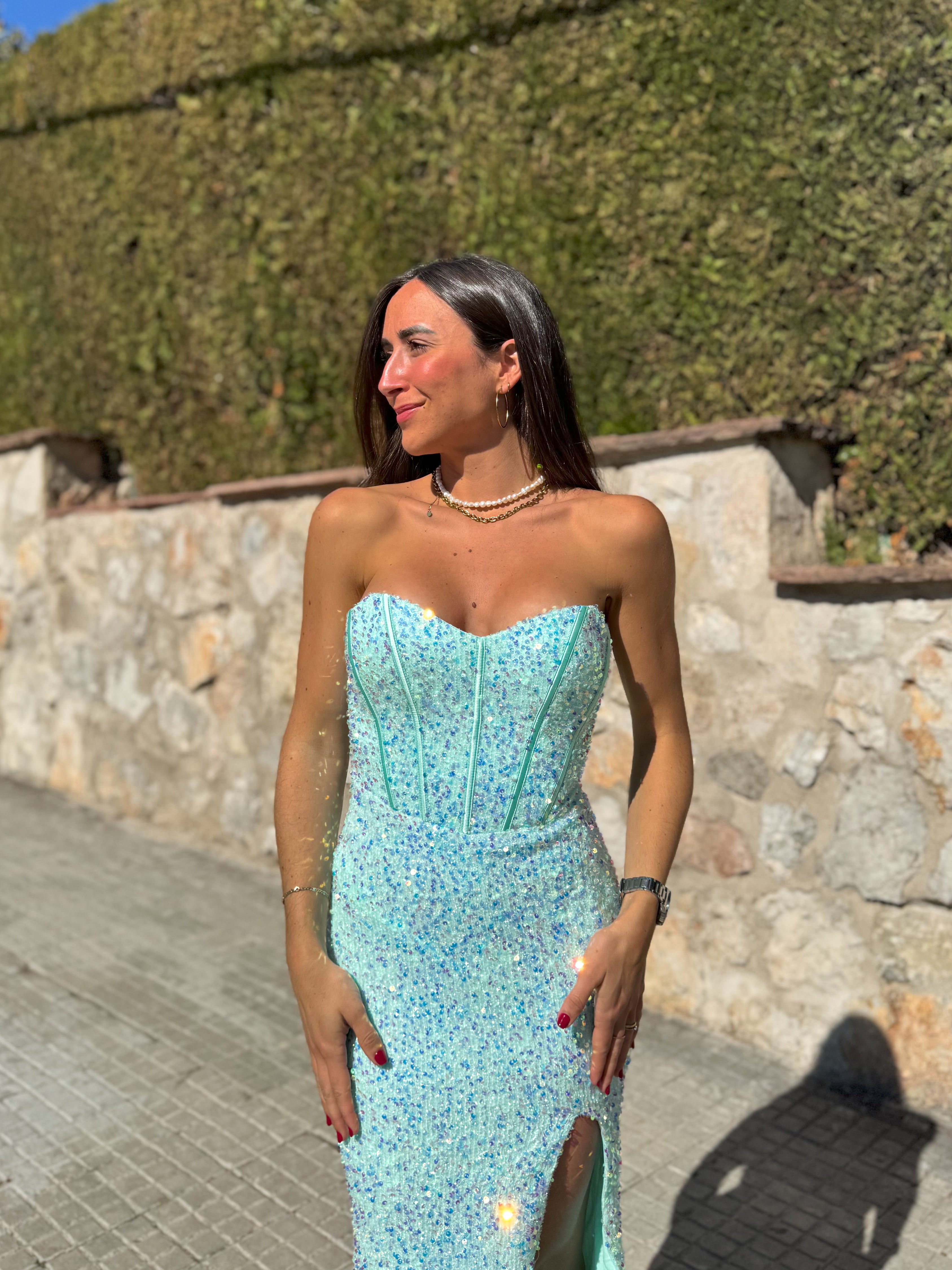 Abito corse sirena glitter turchese