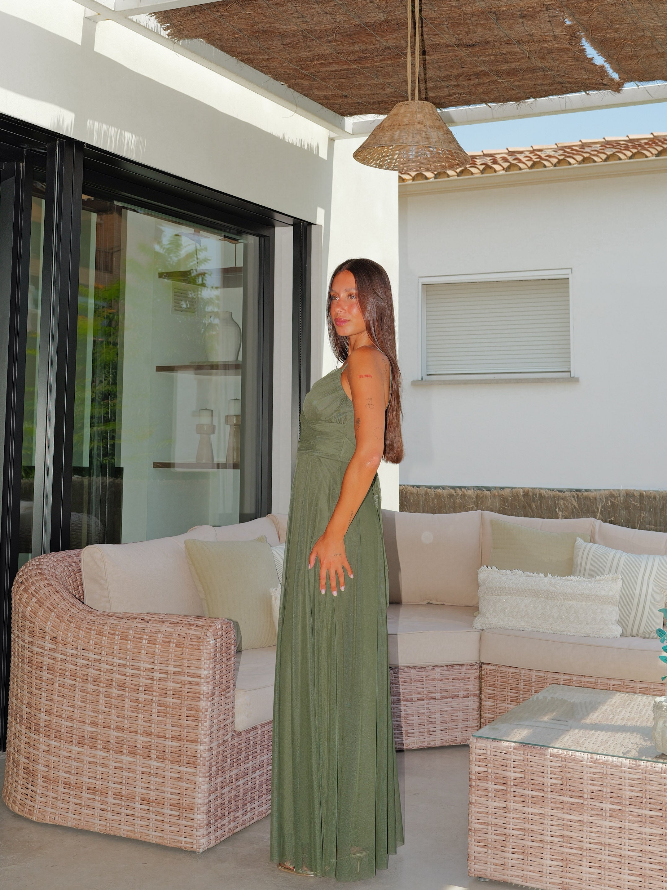 Vestido cruzado tulle oliva
